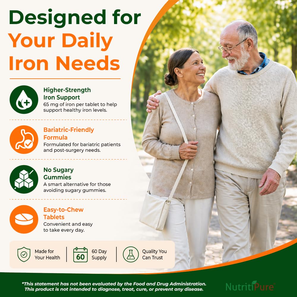 Carbonyl Iron 65mg Chewable Tablets with 270mg Vitamin C – Gentle, Non-Constipating Iron Supplement for Women & Men – Bariatric Friendly – Sugar Free – 2 x 60 Count (120 Day Supply)