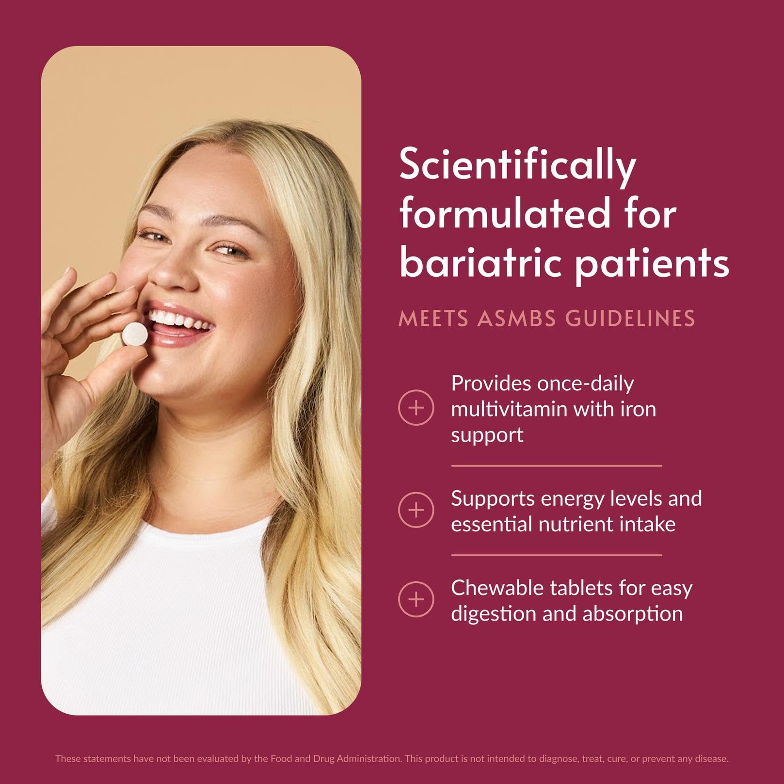 Bariatric Advantage Chewable Ultra Solo with Iron - Once-Per-Day Daily Multivitamin - for Bariatric Patients - with Thiamin, Vitamin A & More - Gluten Free - Citrus - 30 Tablets