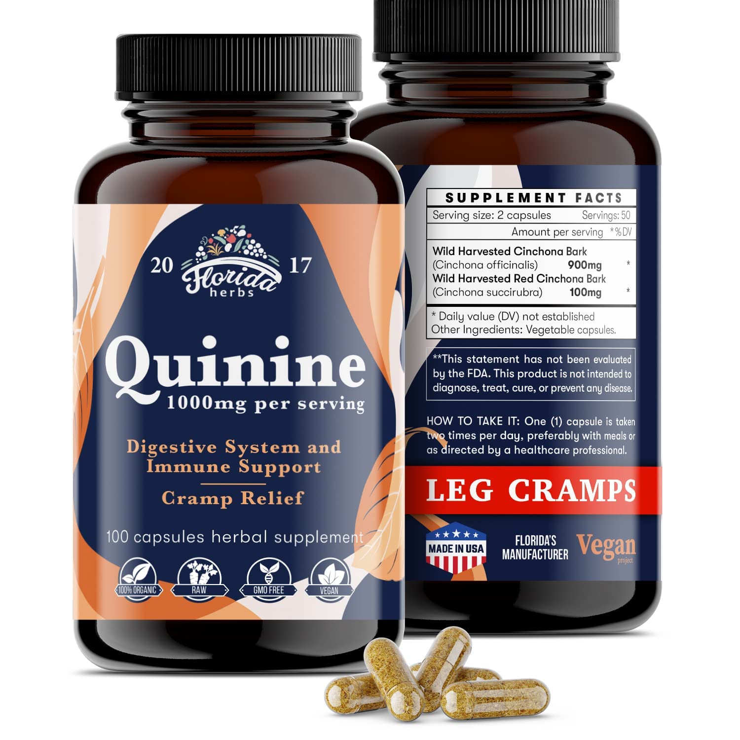 FLORIDA HERBS Leg Cramp Support – Organic Quinine Capsules from Cinchona Bark – 1000 mg Vegan Supplement – Muscle & Leg Cramp Relief – Made in USA – 330 Count (3 Bottles Total)