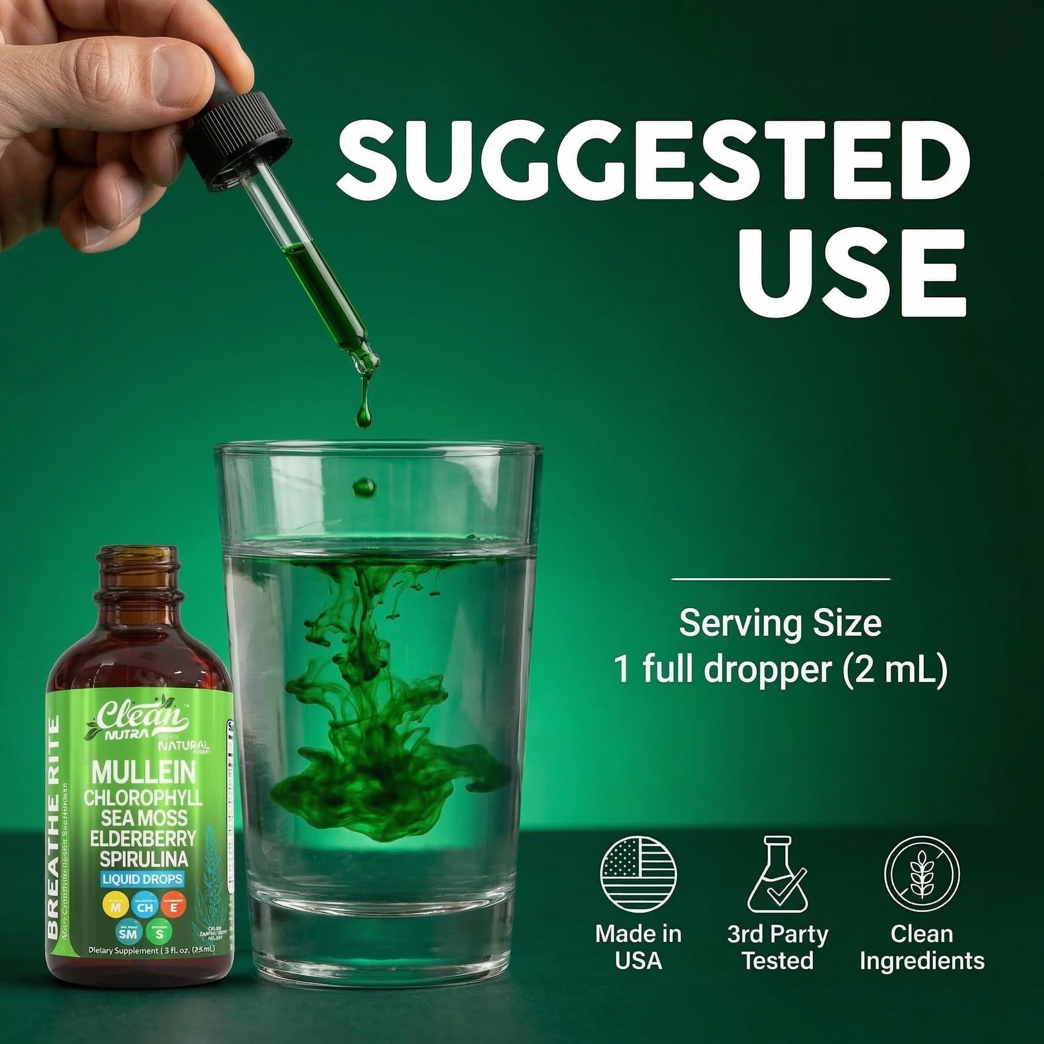 Mullein Drops for Lungs Liquid Chlorophyll Mullein Leaf Extract Supplement Elderberry Sea Moss Spirulina Chlorella Lobelia Marigold Licorice Marshmallow Lung Detox Cleanse Tincture Men Women 2 fl oz