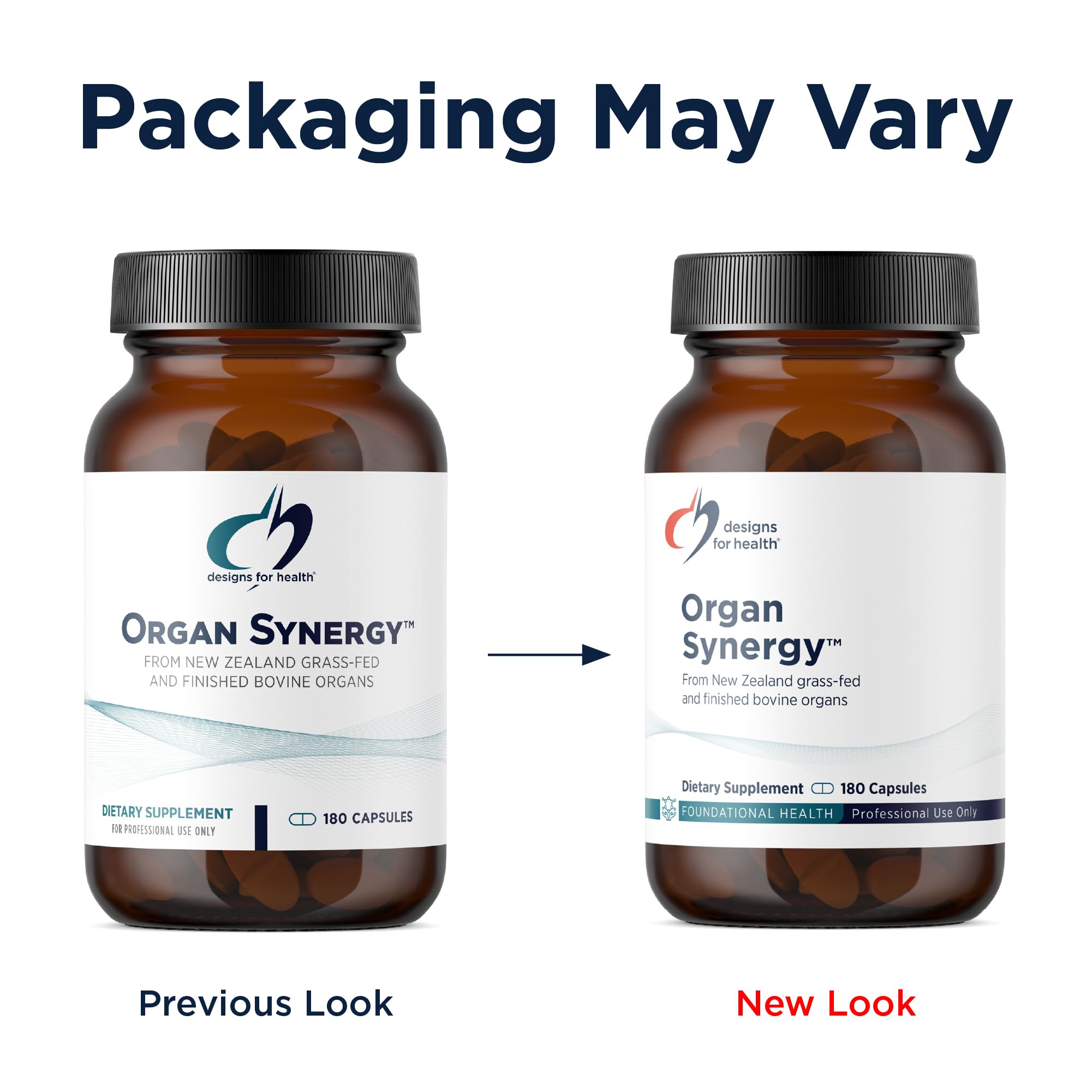 Designs for Health Organ Synergy - Bovine Organ Supplements - 100% GrassFed Beef Organs with Liver, Heart, Pancreas, Kidney + Spleen (180 Capsules / 30 Servings)