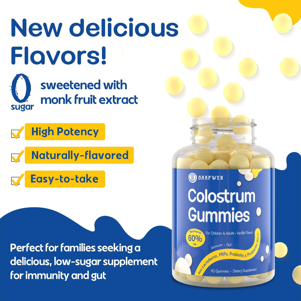Sakpwer Bovine Colostrum Supplement Gummies - with 60% Highest IgG, Lactoferrin, Probiotics and Prebiotics for Adults and Kids, Vanilla Flavor & Sugar Free, 2 Pack