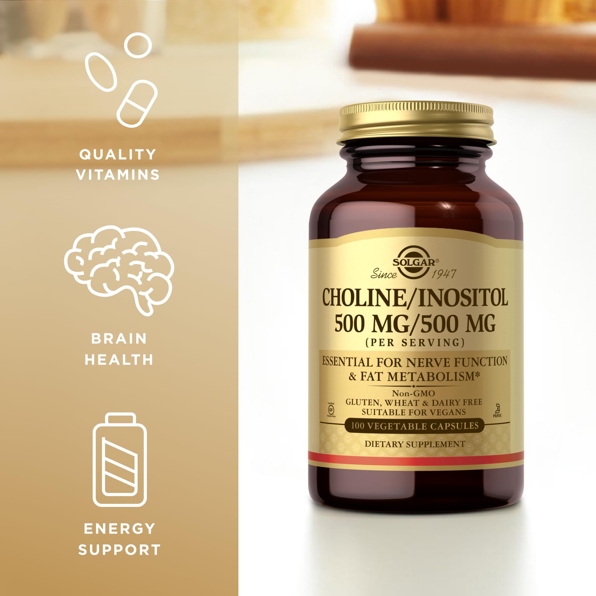 Solgar Choline/Inositol 500 mg/500 mg, 100 Vegetable Capsules (Pack of 2) - Energy Metabolism, Liver Health, Essential for Brain & Nerve Function - Non-GMO, Vegan, Kosher - 100 Total Servings