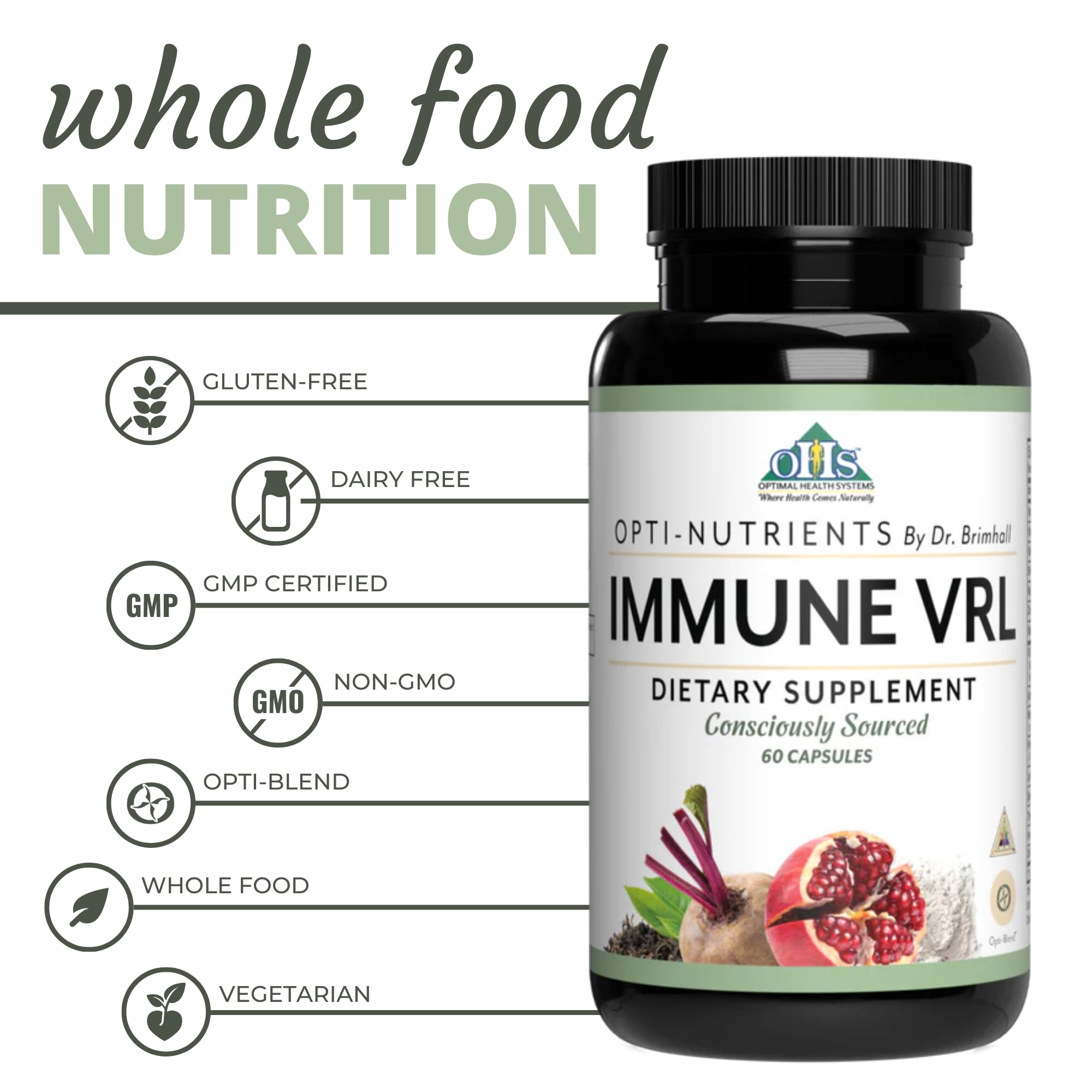Optimal Health Systems Immune VRL | 7 Vitamin + 12 Nutrient Blend | Pomegranate Extract, Astragalus, Brocolli | Spleen, Thymus, Lymph, Tonsil & Parotid Support | 60 Capsules