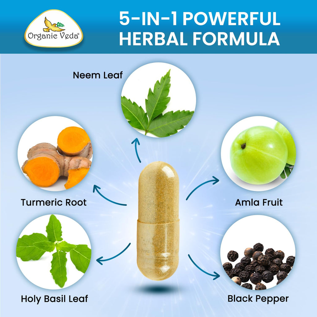 Organic Veda Neem Turmeric Capsules - 5 in 1 Herbal Complex with Amla Fruit, Holy Basil, Black Pepper - Immune, Cleanse, Skin & Gut Health Supplement with Vitamin C & Antioxidants 120 Vegan Capsules