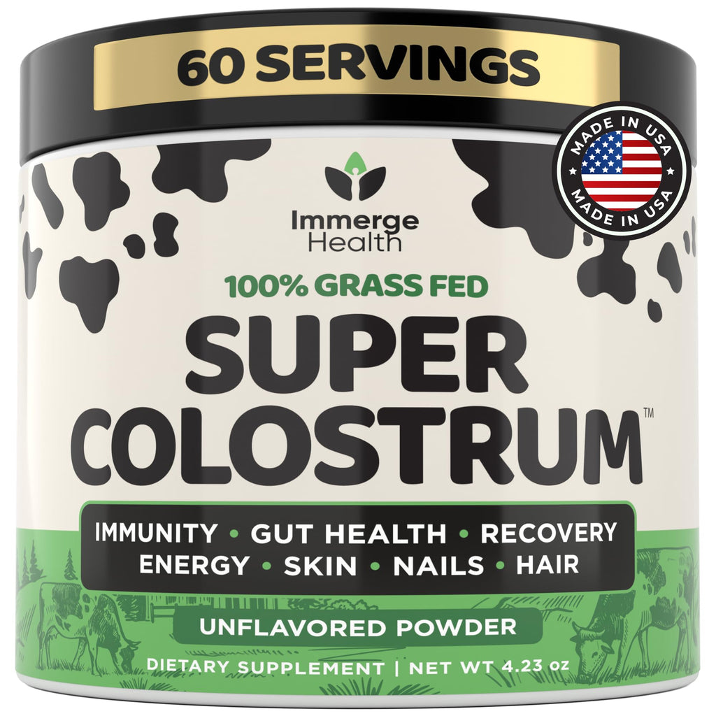 Immerge Health Super Colostrum Capsules - 120 Count High IgG Bovine Supplement for Gut Health, Hair Growth, Bloating & Immunity - 100% Grass Fed First Milking, Tasteless & Travel Friendly, USA Made