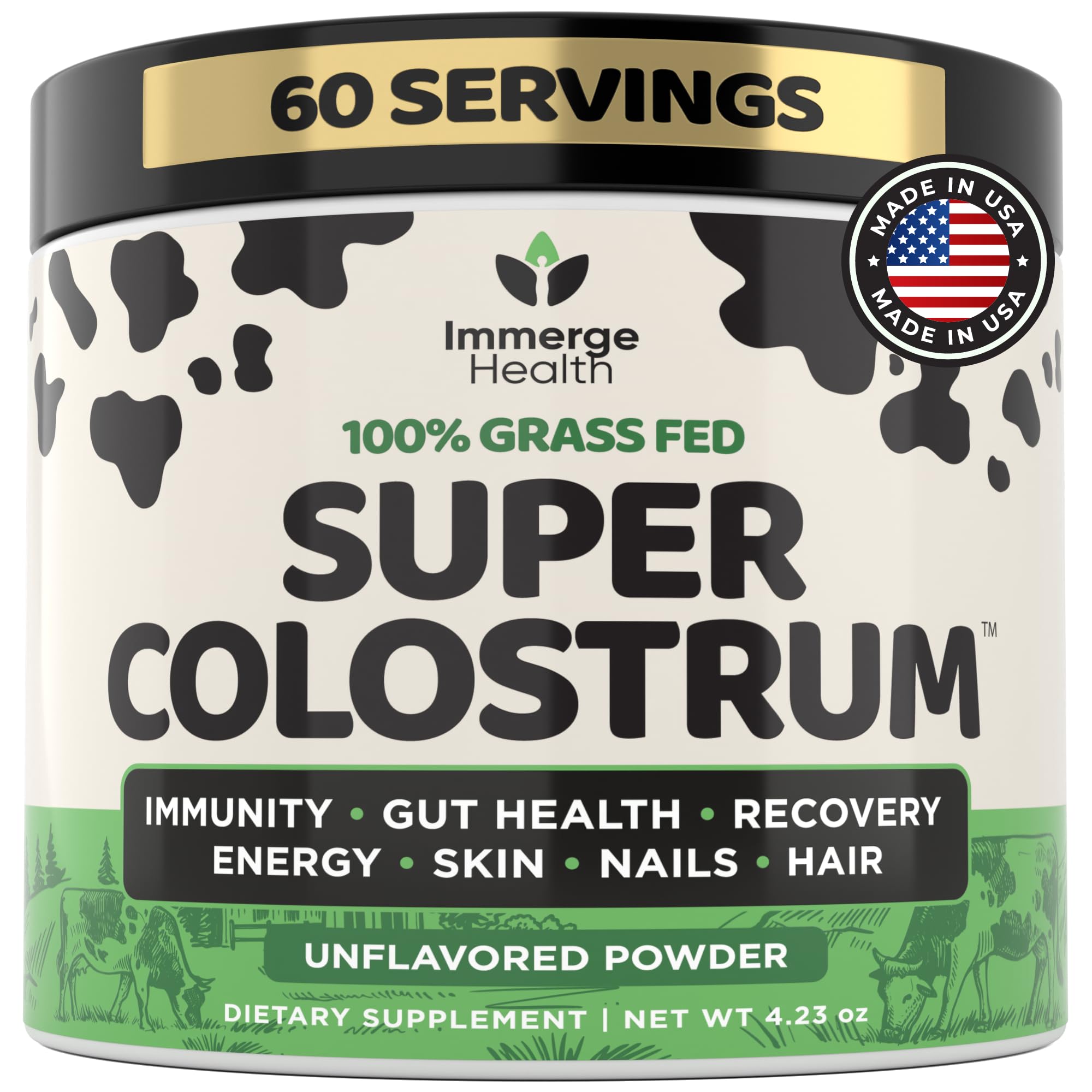 Immerge Health Super Colostrum Capsules - 120 Count High IgG Bovine Supplement for Gut Health, Hair Growth, Bloating & Immunity - 100% Grass Fed First Milking, Tasteless & Travel Friendly, USA Made