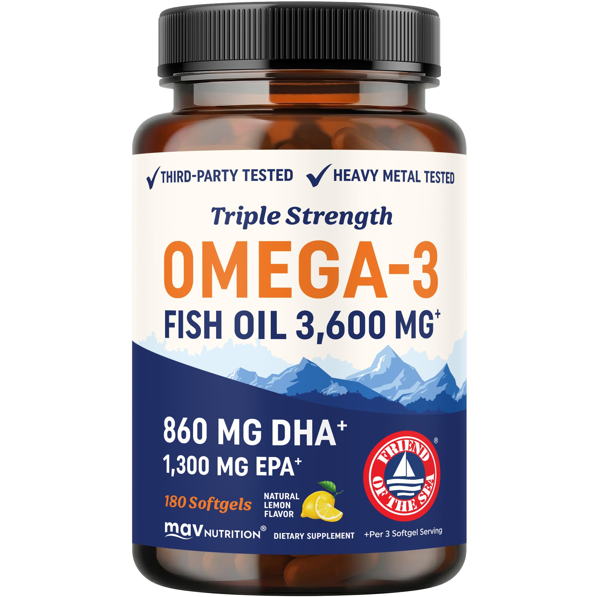 Triple Strength DHA Omega 3 Fish Oil 3600 mg | Over 2100mg Omega-3 Fatty Acids with 860mg of DHA | 1300mg EPA | Best Essential Fatty Acids | Premium Wild Caught & Burpless Fish Oil | 180 Softgels