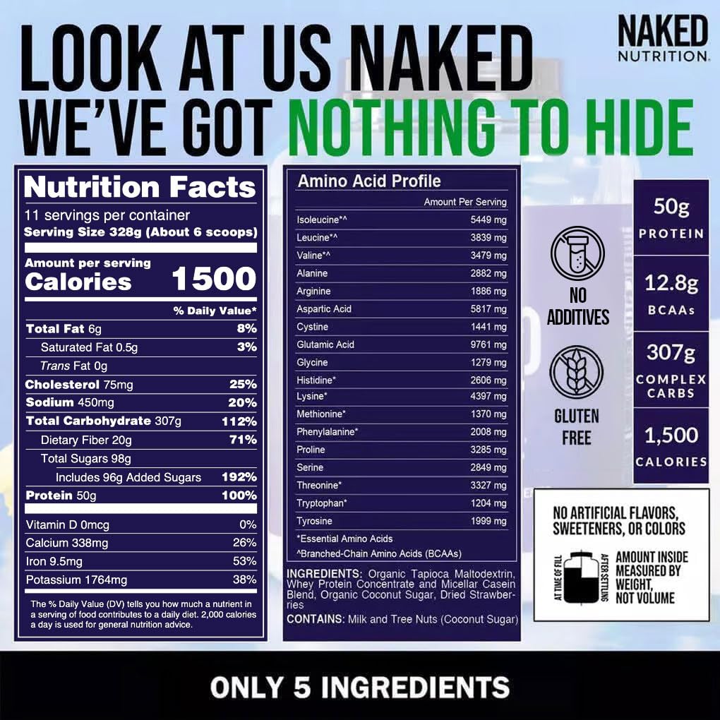 NAKED Strawberry Mass - 1,500 Calories, 50G Protein, Nothing Artificial. Strawberry Weight Gainer Protein Powder - 8lb Bulk, GMO Free, Gluten Free & Soy Free