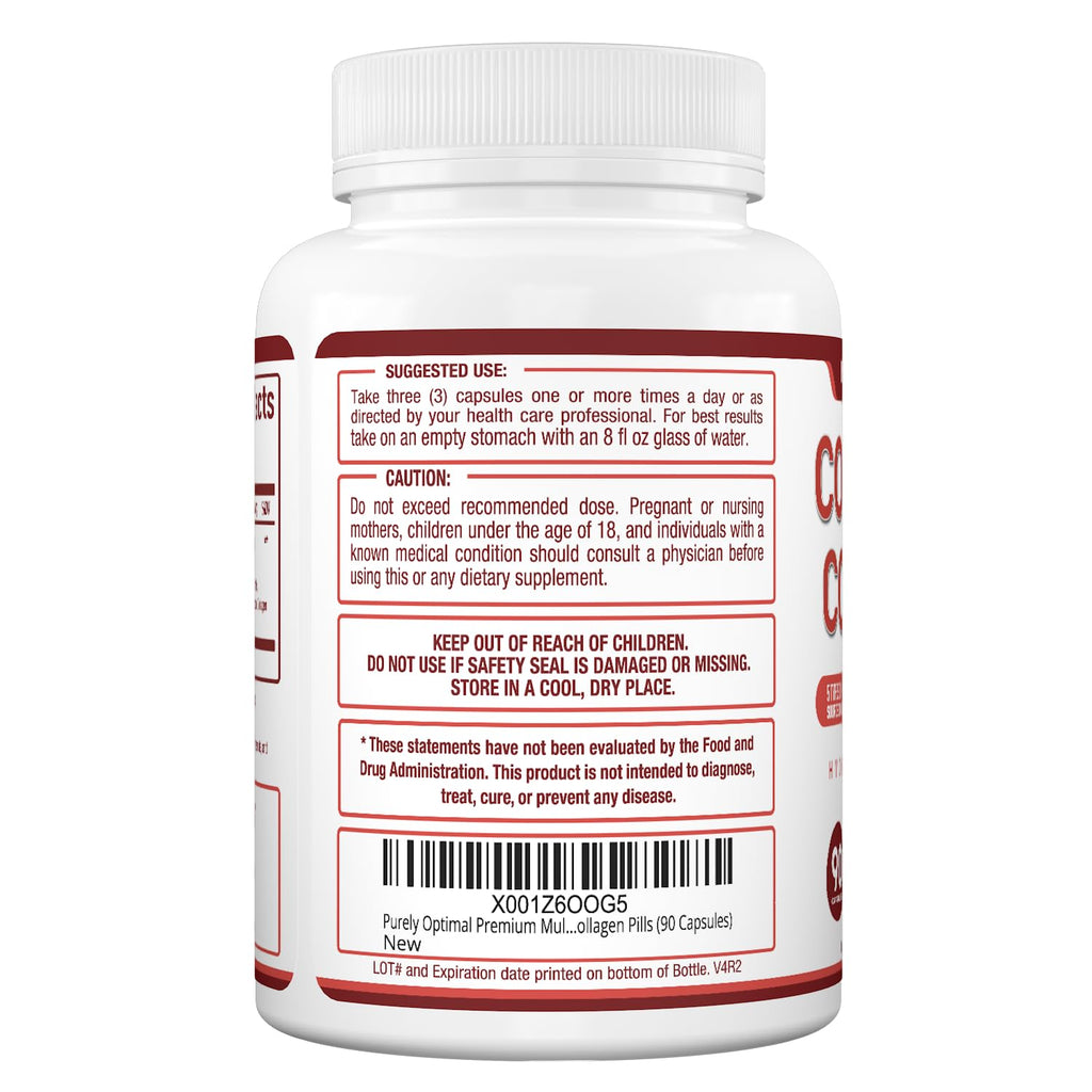 Purely Optimal Premium Multi Collagen Peptides Capsules (Types I, II, III, V, X) - Hair, Skin and Nails, Digestive & Joint Health Supplement, Hydrolyzed Collagen Pills (90 Capsules)