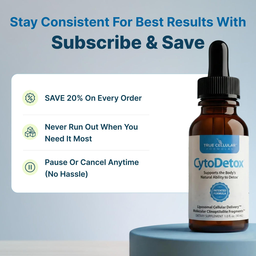 True Cellular Formulas CytoDetox Liposomal Zeolite Drops, Patented Purified Clinoptilolite with Fulvic Acid, Cellular Detox Support & Gentle Heavy Metal Binder, Liquid Supplement, 1 fl oz