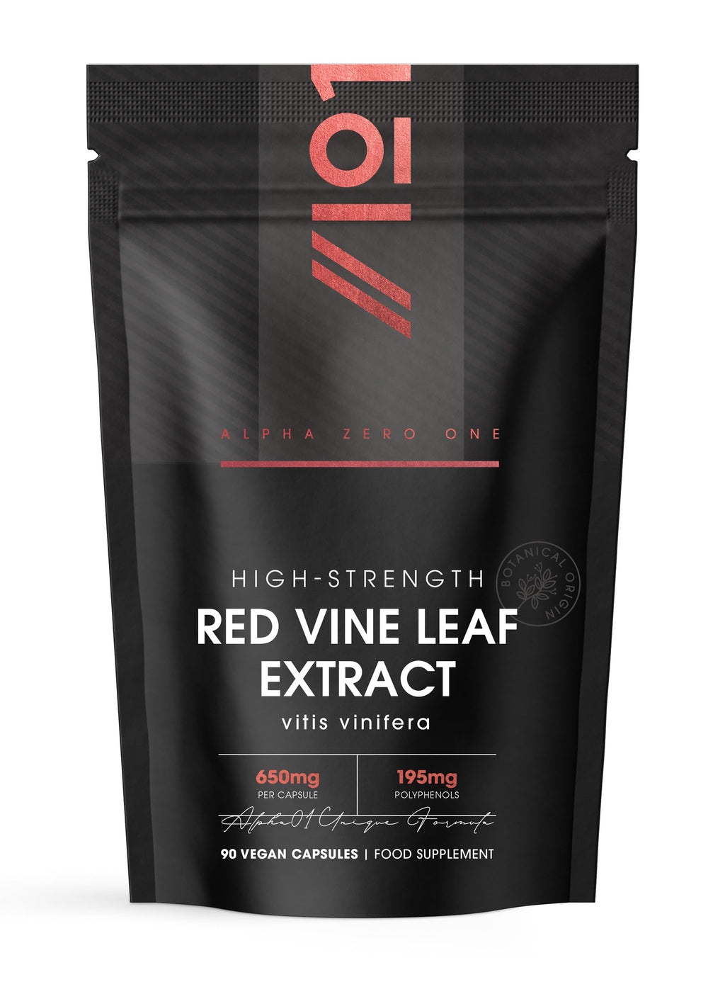 Red Vine Leaf Extract 650mg - 30% Polyphenols (195mg) Equivalent to 9,750mg Red Vine Leaf - 90 Vegan Capsules - Resealable and Recyclable Pouch – By Alpha01