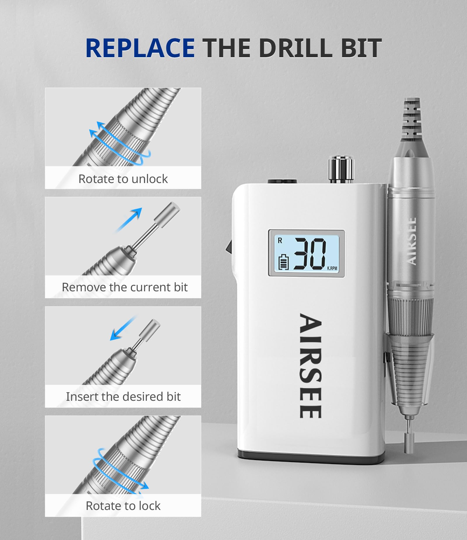 AIRSEE Rechargeable 30000RPM Electric Nail Drill Professional Portable E File Machine for Acrylic Nail Natural Extension Gel Nails Polish Cuticle, Cordless High Speed for Salon Home Use E8 White