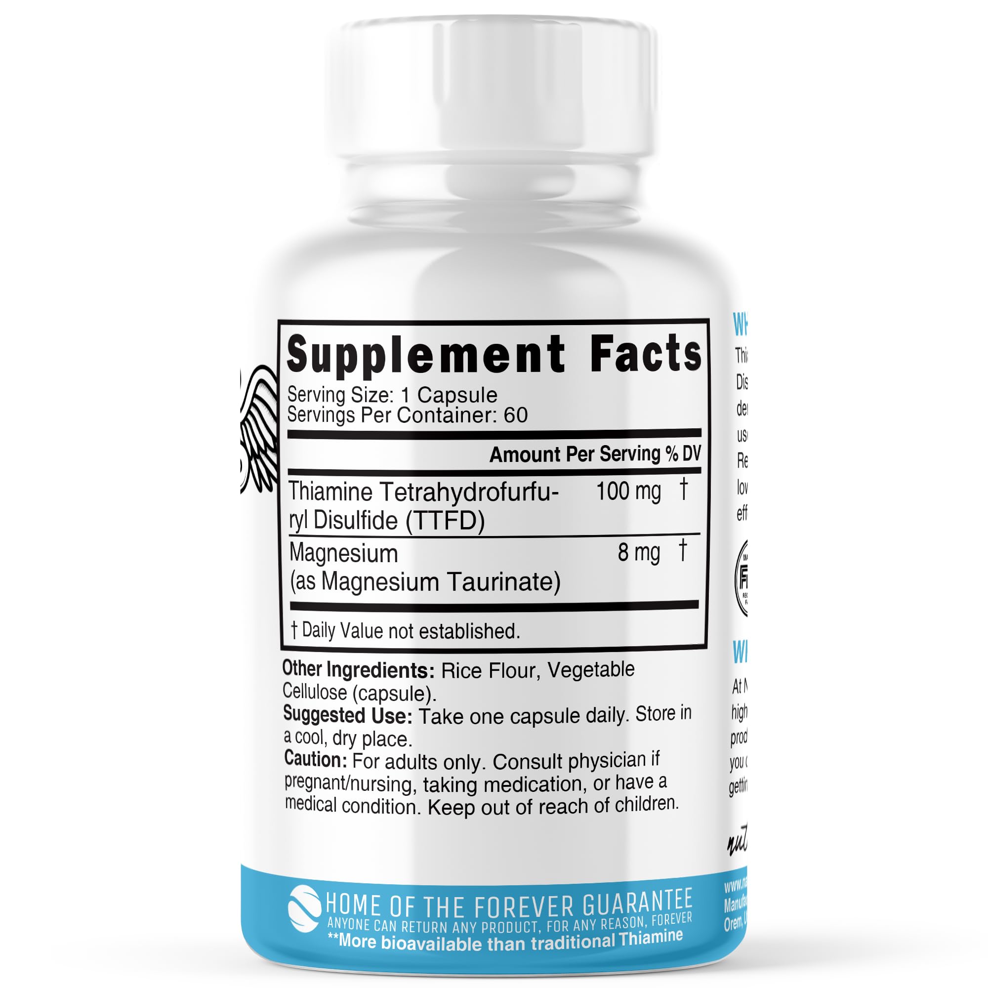 Nature's Fusions TTFD Thiamine B1 Supplement - 100mg 60 Servings - with 8mg Magnesium - No Toxic Fillers - TTFD Thiamine Tetrahydrofurfuryl Disulfide - Third Party Lab Tested - Nutri Supplements