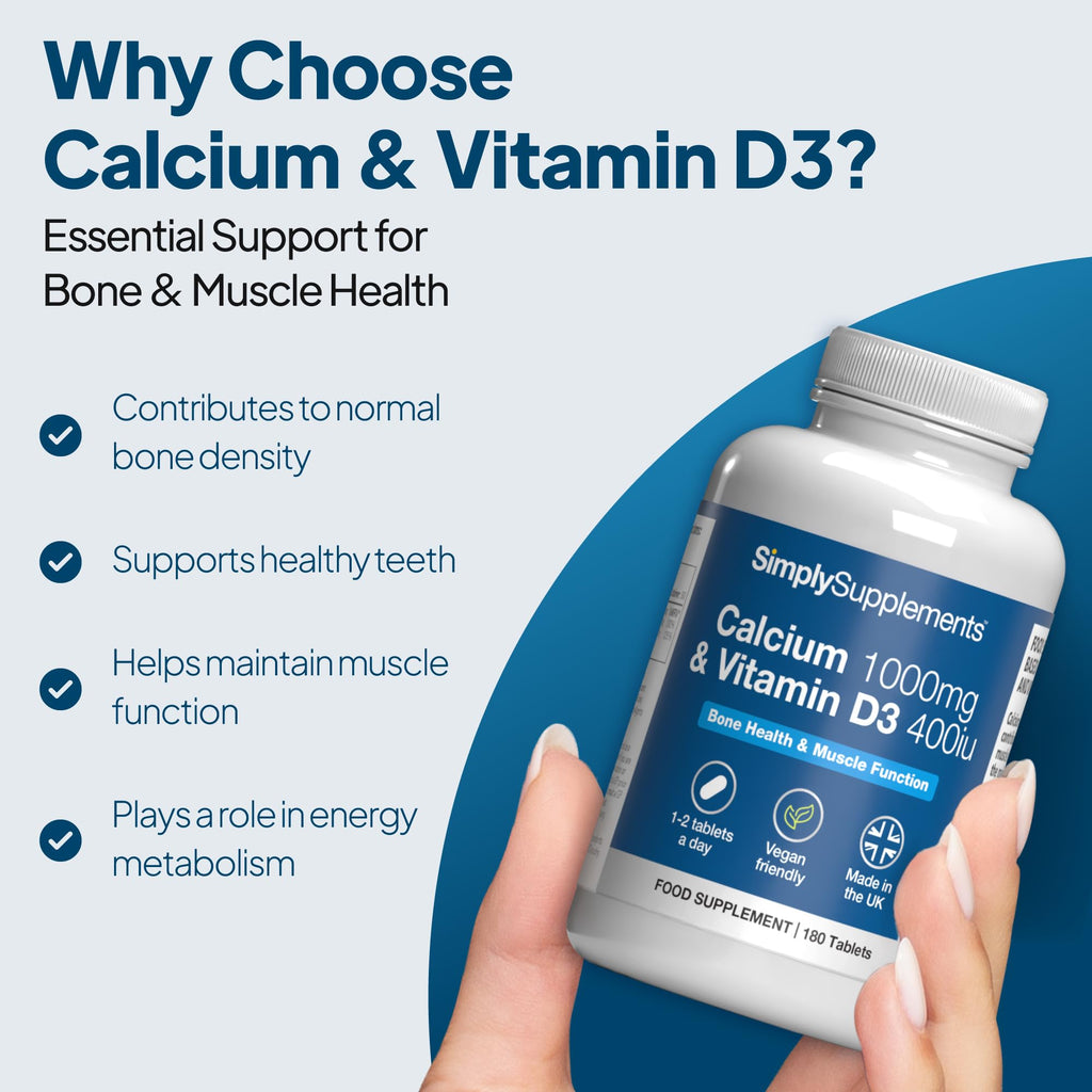 Calcium 1000mg & Vitamin D3 400iu | 180 Vegan Tablets | 3 Months' Supply