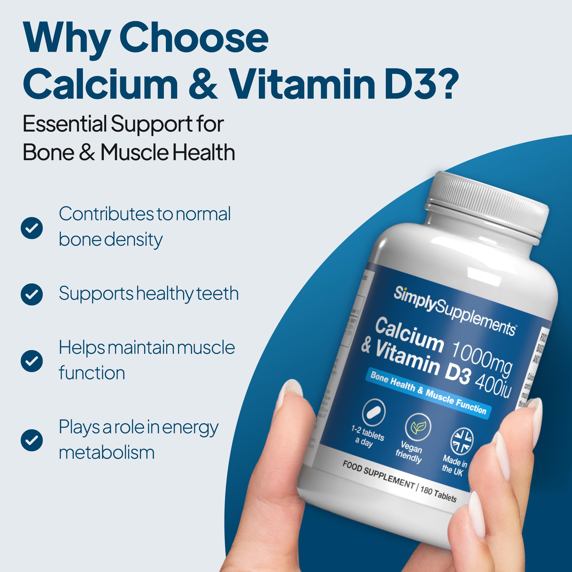 Calcium 1000mg & Vitamin D3 400iu | 180 Vegan Tablets | 3 Months' Supply