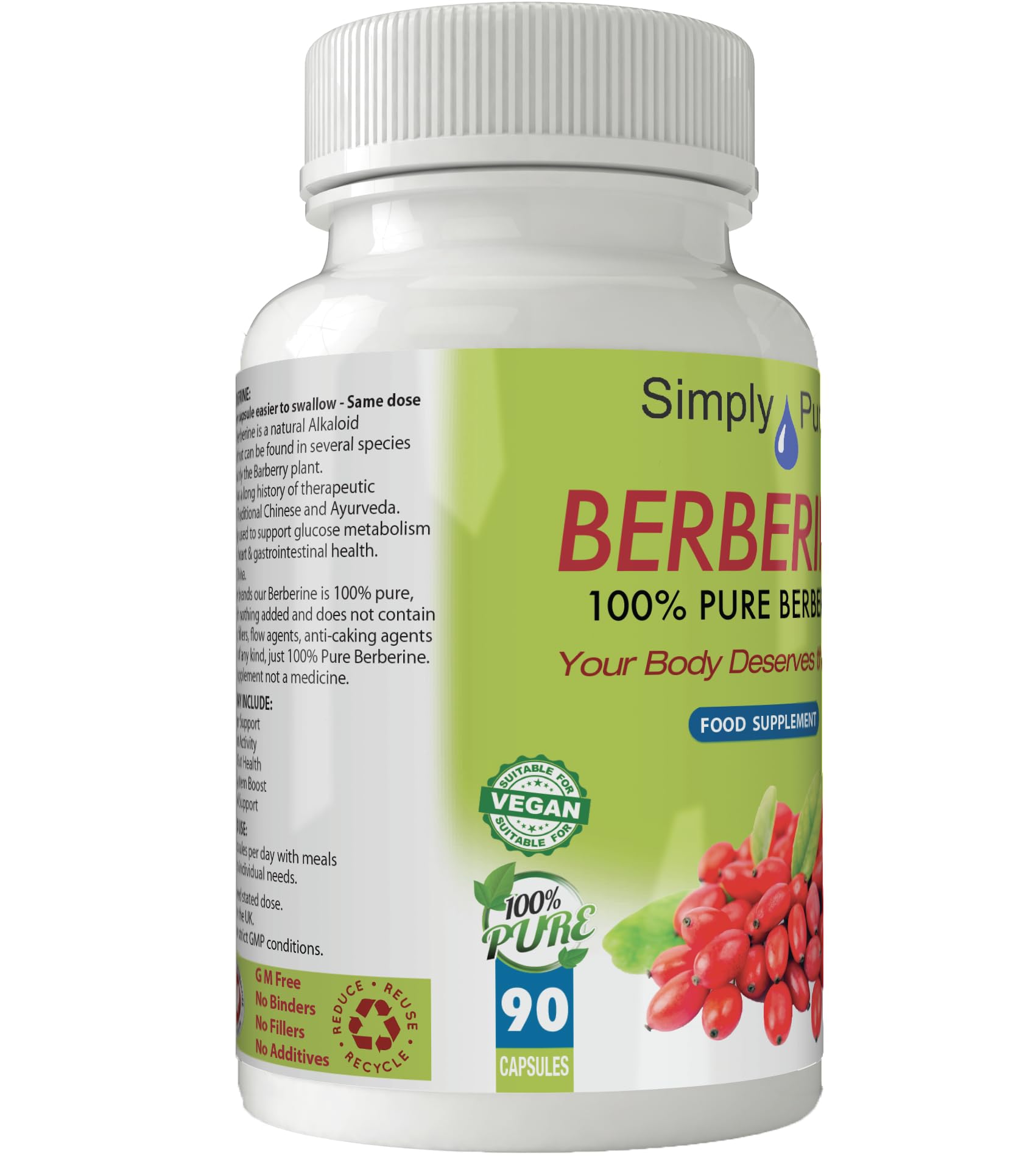 Simply Pure 100% Pure Berberine with NO Fillers or Binders | 90 Capsules
