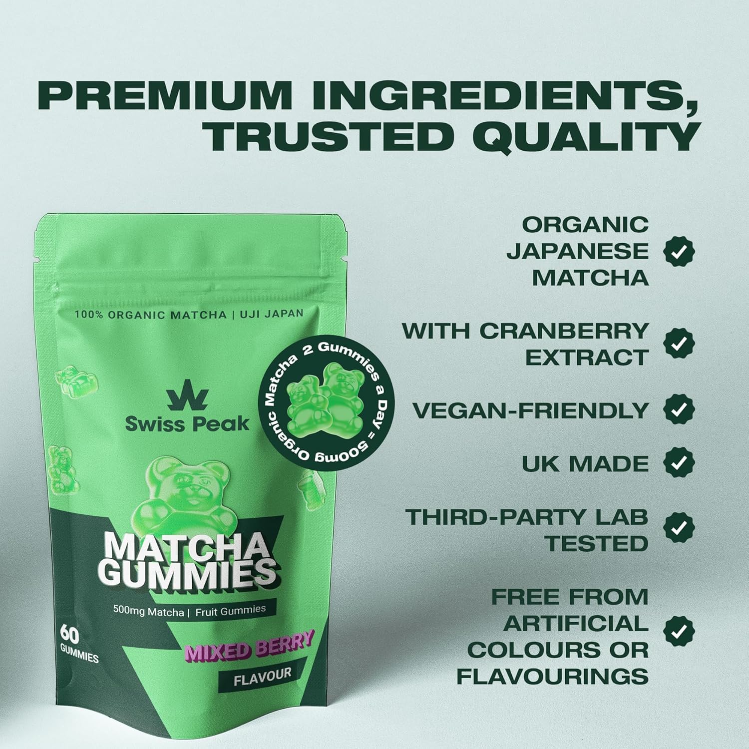 Swiss Peak Matcha Gummies, Organic Japanese Matcha from Uji, Kyoto, Clean Energy, Focus, and Antioxidant Cranberry Extract, Vegan Mixed Berry, 60 Gummies, Ceremonial, UK Made, Gelatin-Free