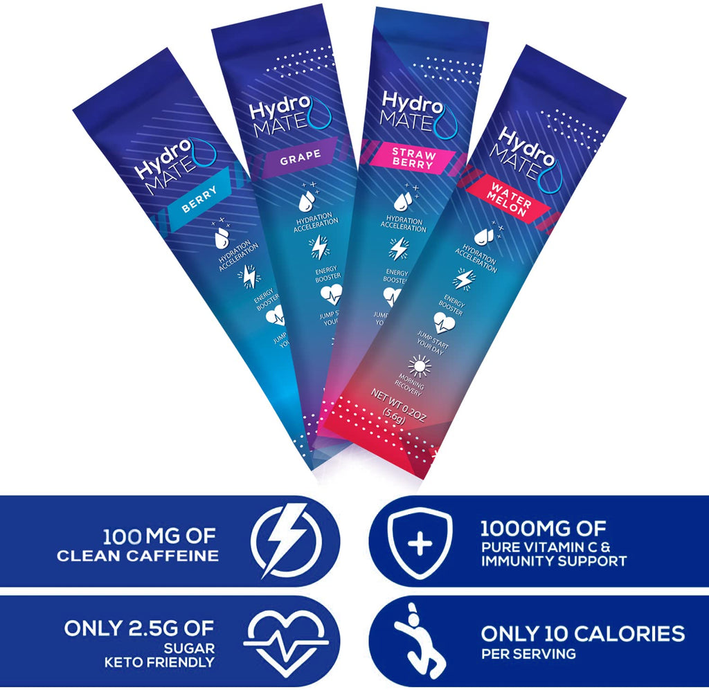HydroMATE Electrolytes Powder Drink Mix Packets Hydration Accelerator Low Sugar Party Favors for Rapid Recovery Vitamin C Plus Caffeine Variety Pack - 30 Count
