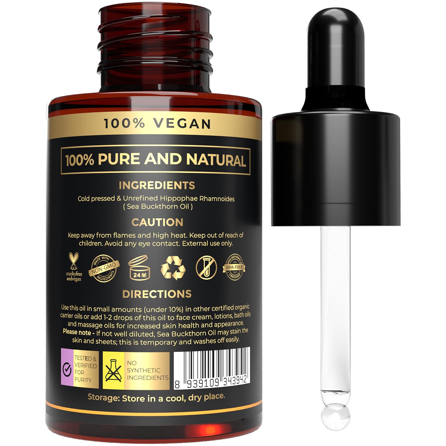 Organic Sea Buckthorn Oil Cold Pressed - 100% Pure Seabuckthorn Oil for Face, Skin & Hair | Anti-Aging, Acne & Dry Skin Care