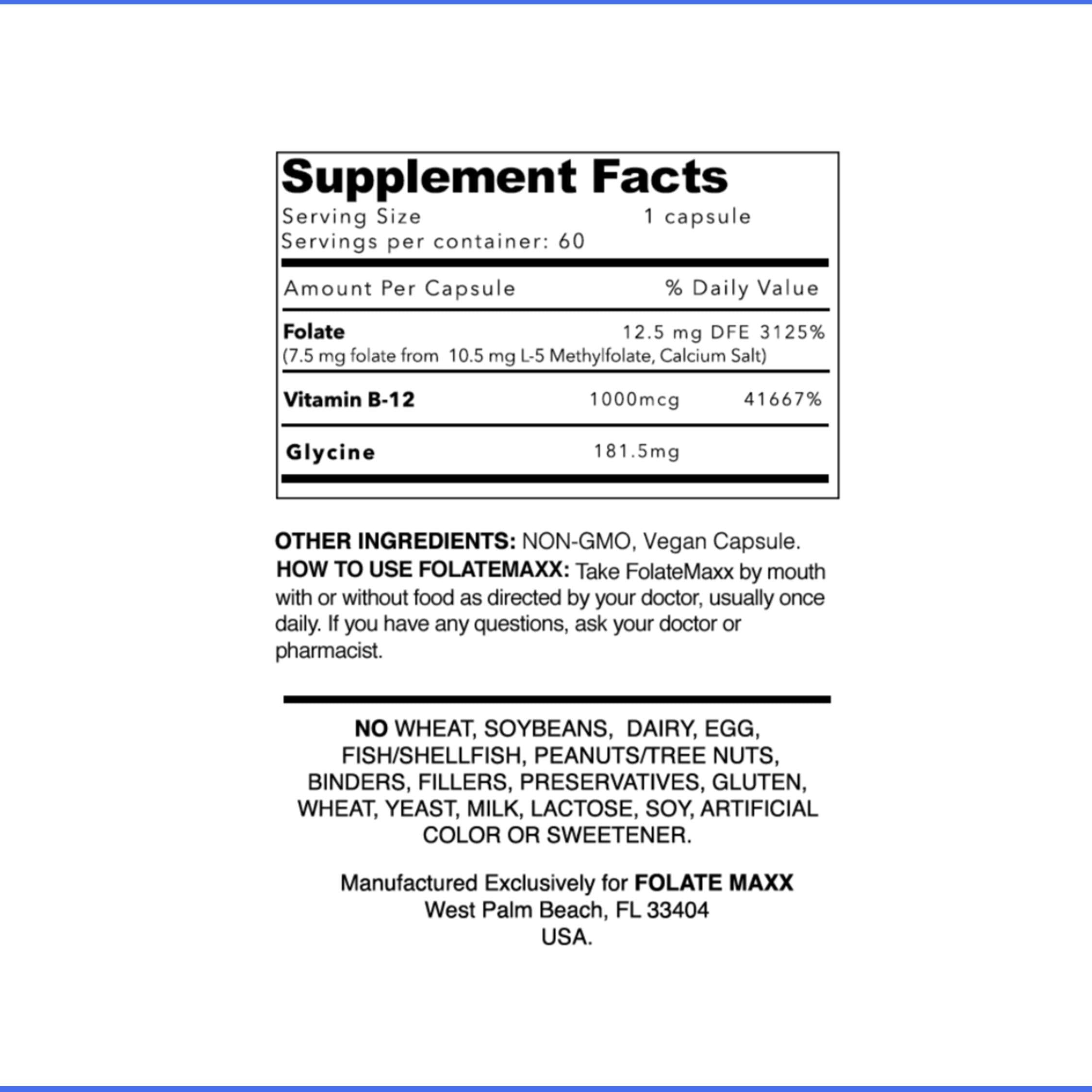 FOLATE MAXX L Methylfolate 7.5mg Plus B12 Methyl - 60 Capsules - 5-MTHF with B12 Methylcobalamin Supplement for Mood, Methylation and Cognition - Bioactive Forms of Vitamin B9 & B12-2 Month Supply