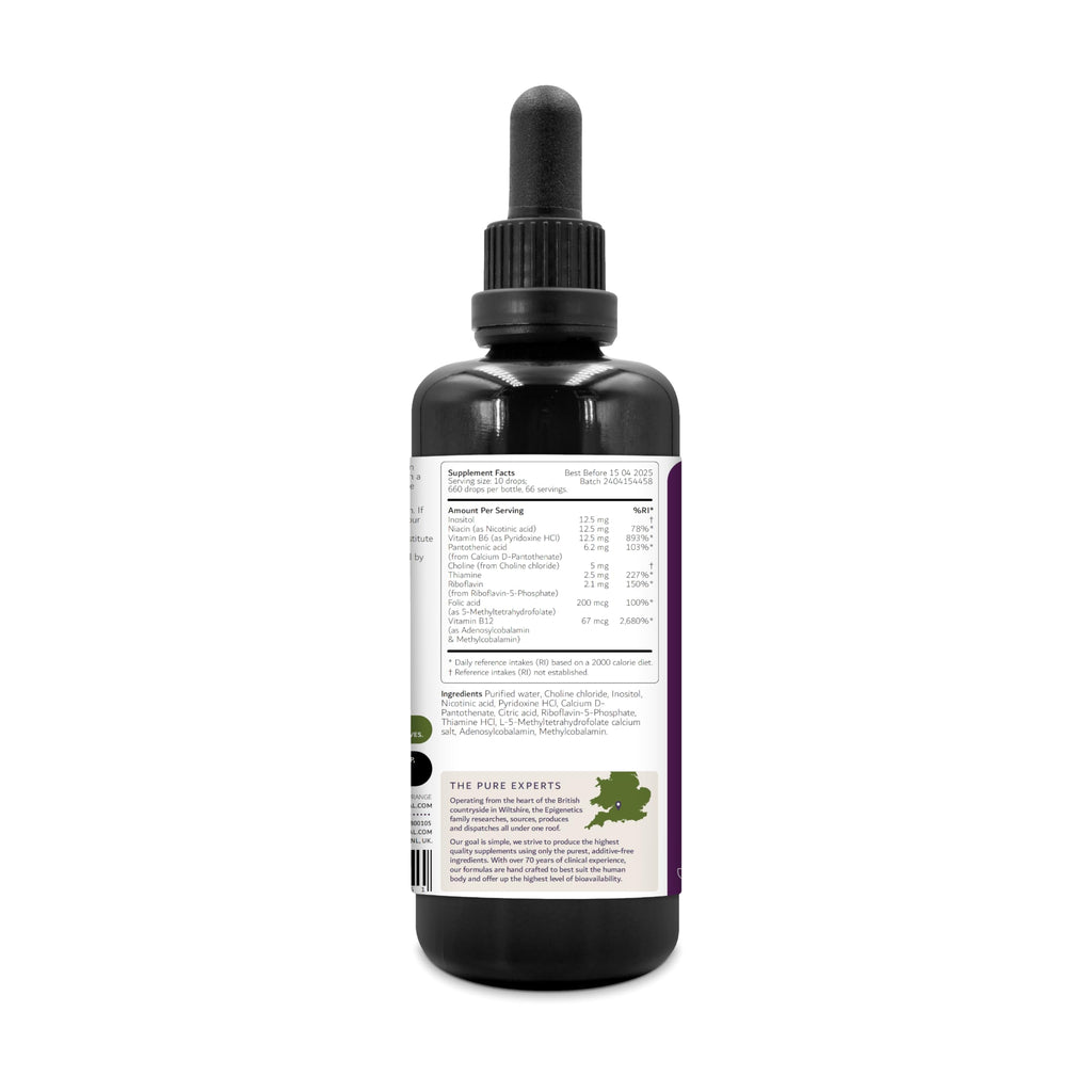 Vitamin B Complex Liquid Drops 50ml | 2 Months Supply, 66 Servings. High Strength Vitamin B12 Methylcobalamin & Adenosylcobalamin, B1, B2, B3, B5, B6 with Choline, Folic Acid | UK Made & Vegan