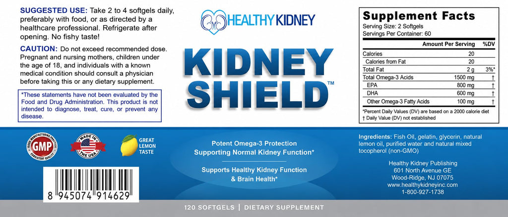 Kidney Shield Omega 3 Fish Oil Supplements - DHA EPA Omega 3 Supplement for Women & Men Kidney Health - Omega3 to Support Normal Kidneys Function & Cleanse, Detox & Repair - 120 Lemon Softgels