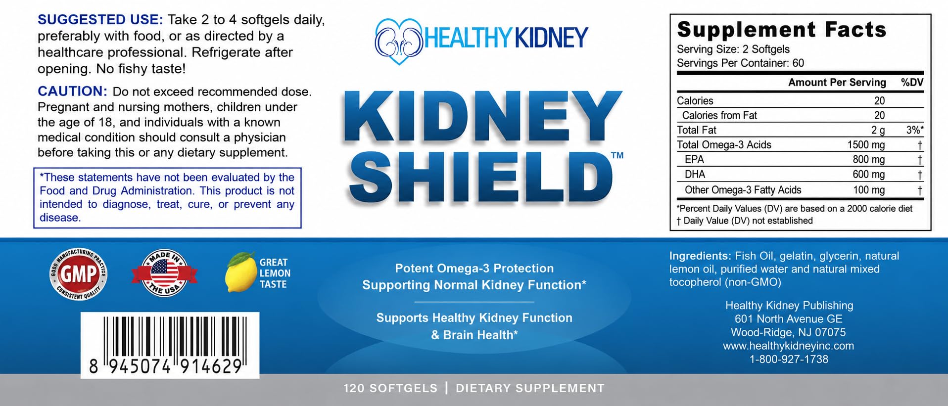 Kidney Shield Omega 3 Fish Oil Supplements - DHA EPA Omega 3 Supplement for Women & Men Kidney Health - Omega3 to Support Normal Kidneys Function & Cleanse, Detox & Repair - 120 Lemon Softgels