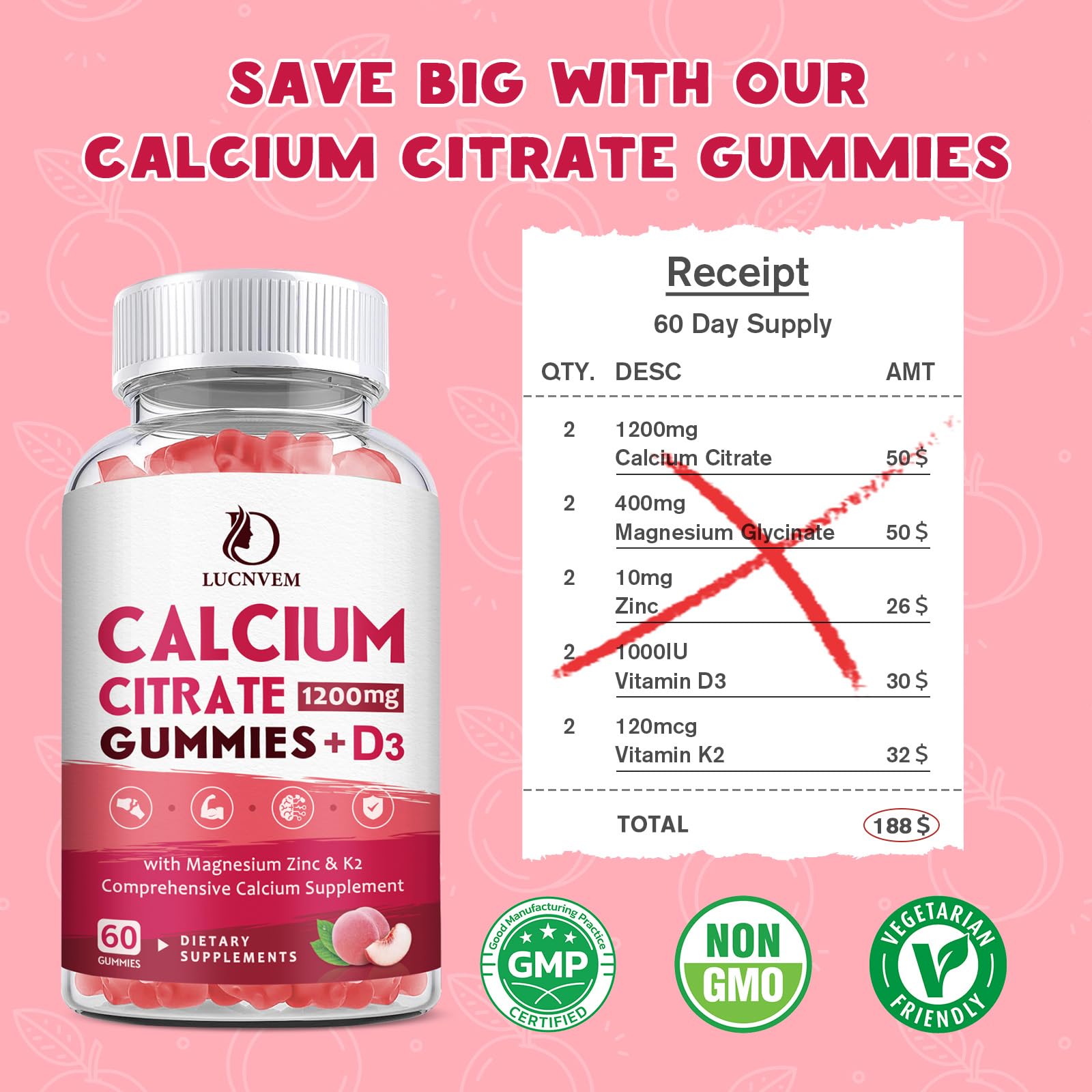 (2 Pack) Calcium Citrate 1200mg with Vitamin D3 Supplements Gummies for Women & Men, Calcium Gummies with Vitamin D3 K2, High Absorption for Bone Muscle Healthy- Peach Flavor- 60 Day Supply
