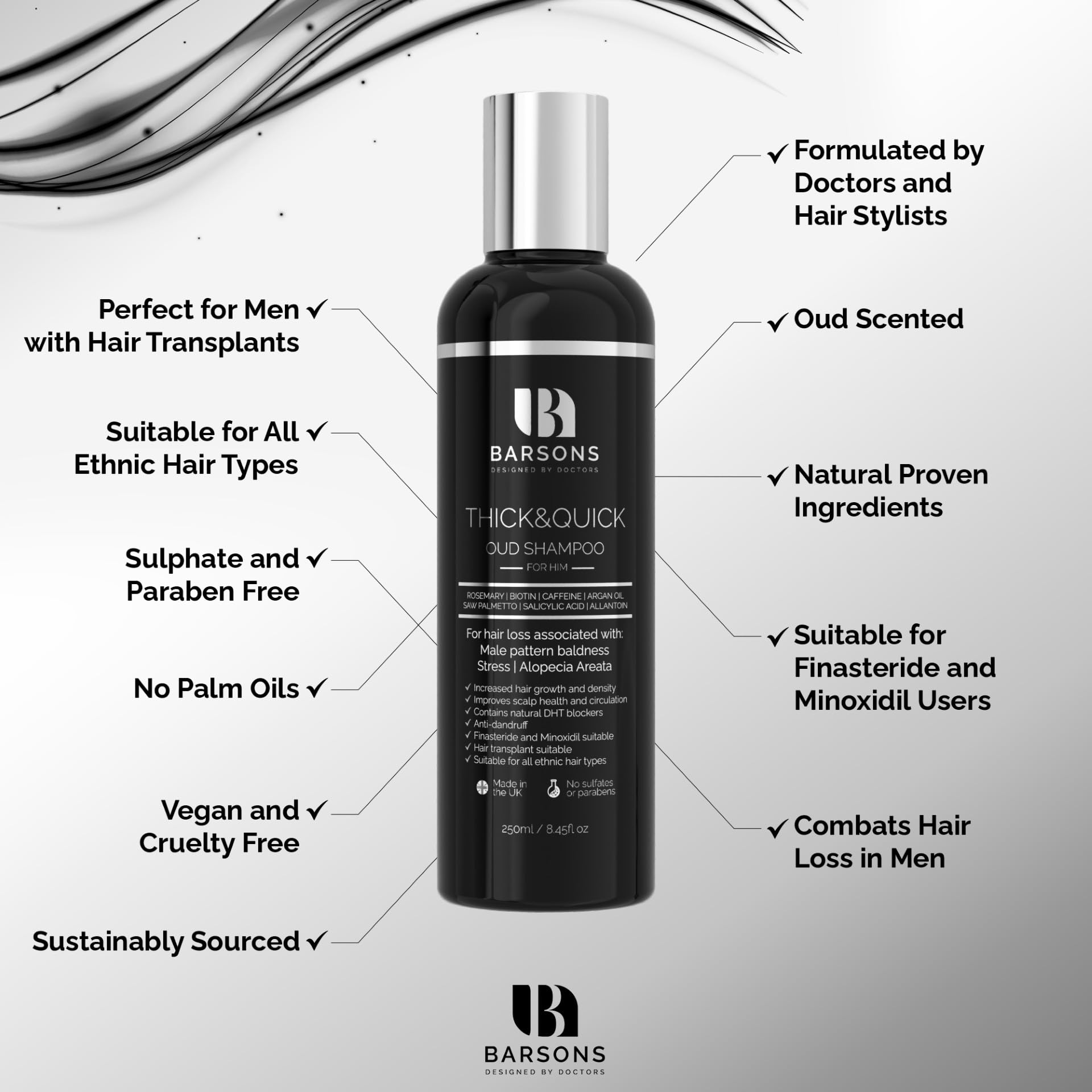 BARSONS THICK&QUICK Oud Shampoo for Men with Thinning Hair – Doctor-Formulated Hair Thickening Treatment – DHT Blocker – Hair Transplant Friendly – Rosemary, Biotin, Argan Oil, Caffeine – Sulfate-Free