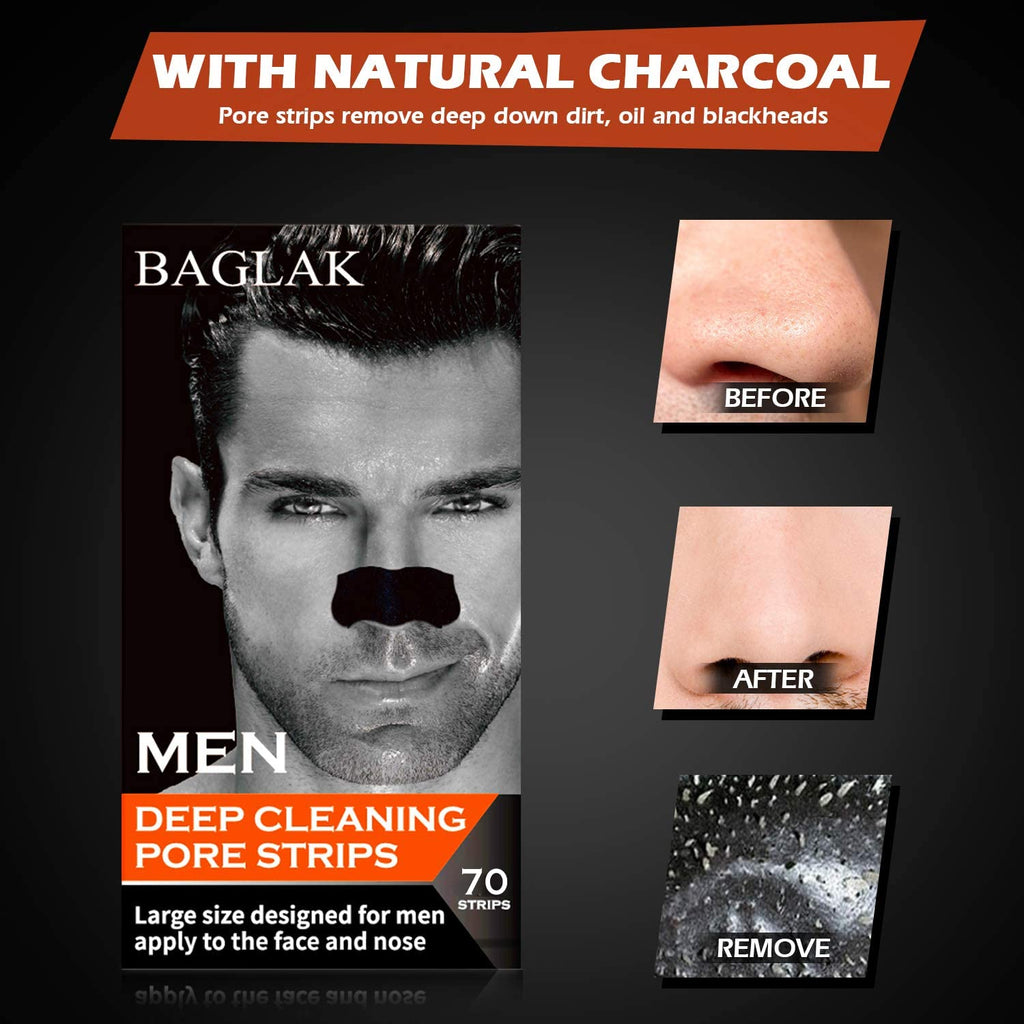 BAGLAK Men Blackhead Remover Pore Strips (70 Count) -Charcoal Nose Strips for Blackhead Removal - Large Size For Nose+Face