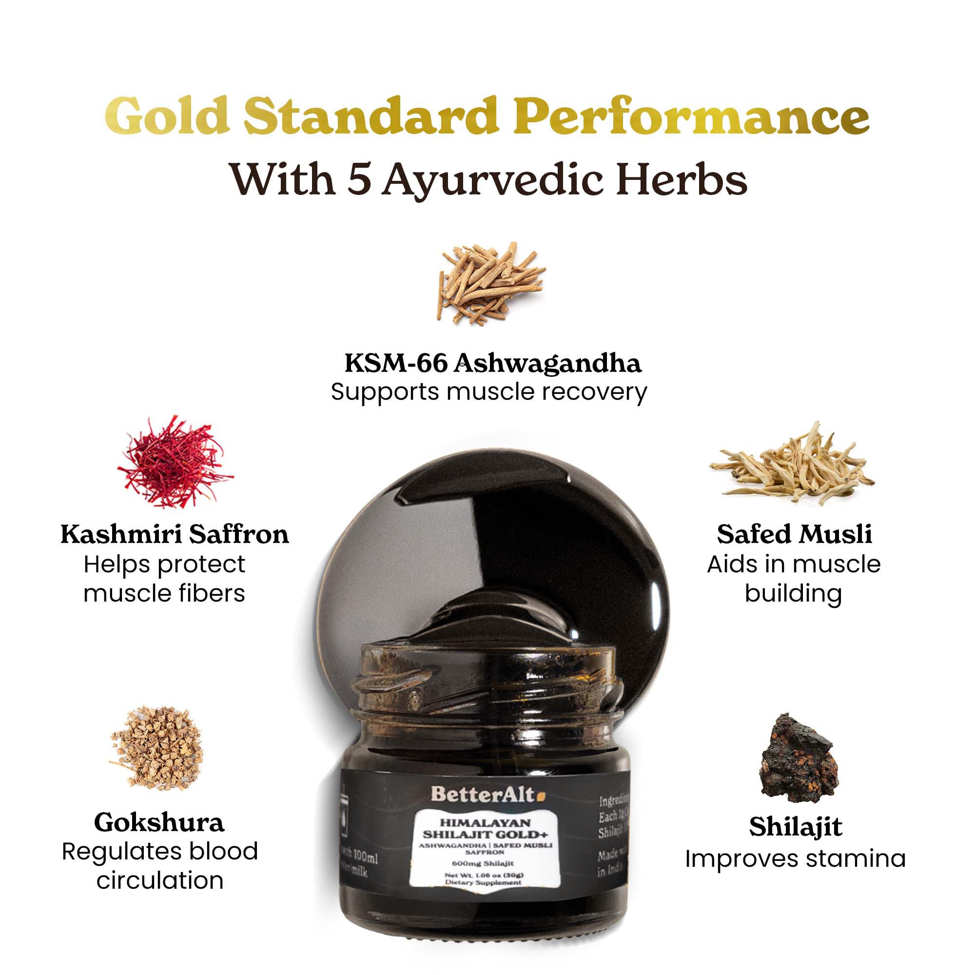 Better Alt Pure Himalayan Shilajit Gold+(30gm)|Enhances Recovery & Boosts Strength|16,000 ft Sourced Blend with Ashwagandha, Safed Musli,Gokshura|Shilajit gold for men & women|Vegan & Lab Tested-600mg