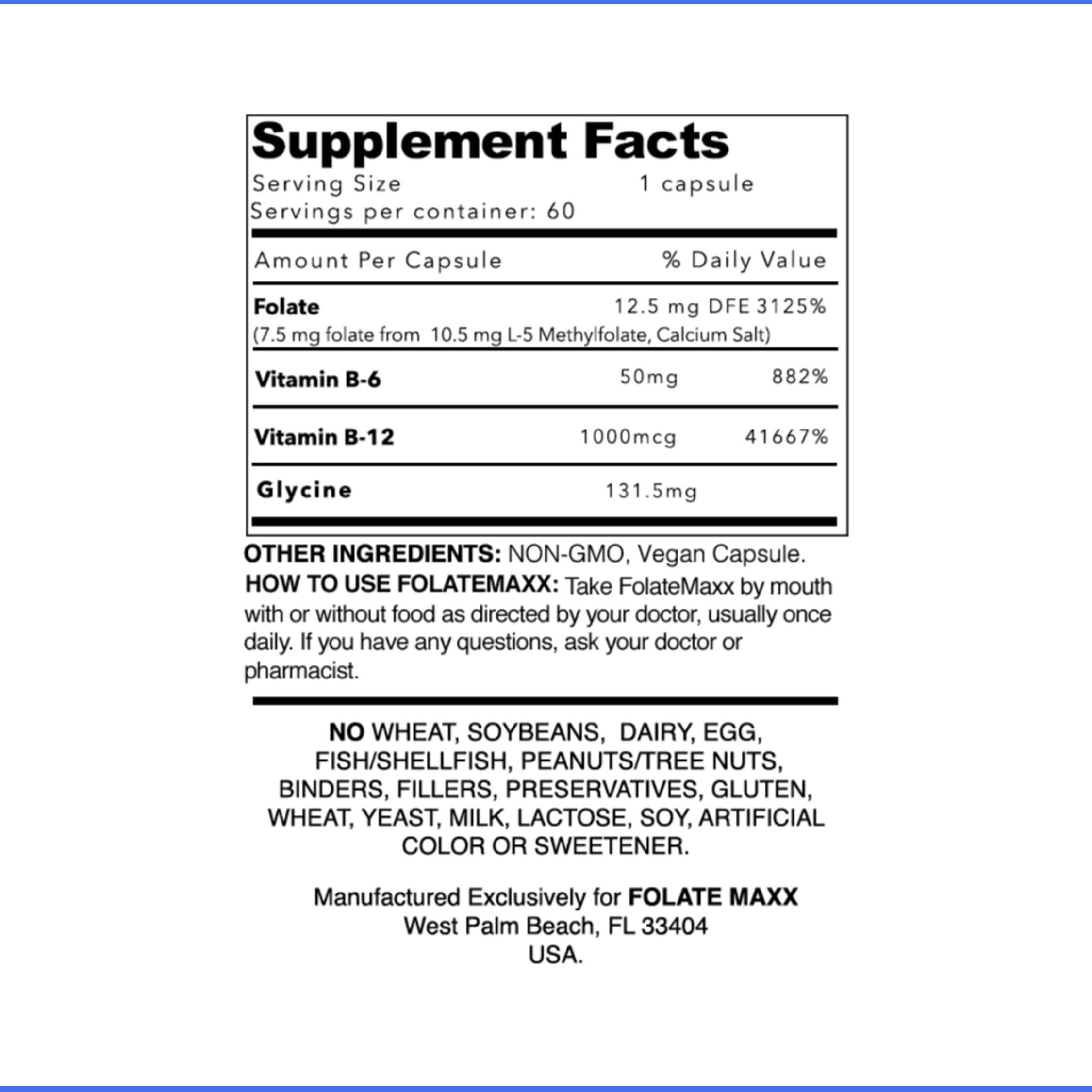 FOLATE MAXX L Methylfolate 7.5mg with Active Vitamin B Complex – 60 Capsules – High Potency 5-MTHF with B6 Blend and Methyl B12 Supplement – 3-in-1, Non-GMO, Gluten Free (2-Month Supply)
