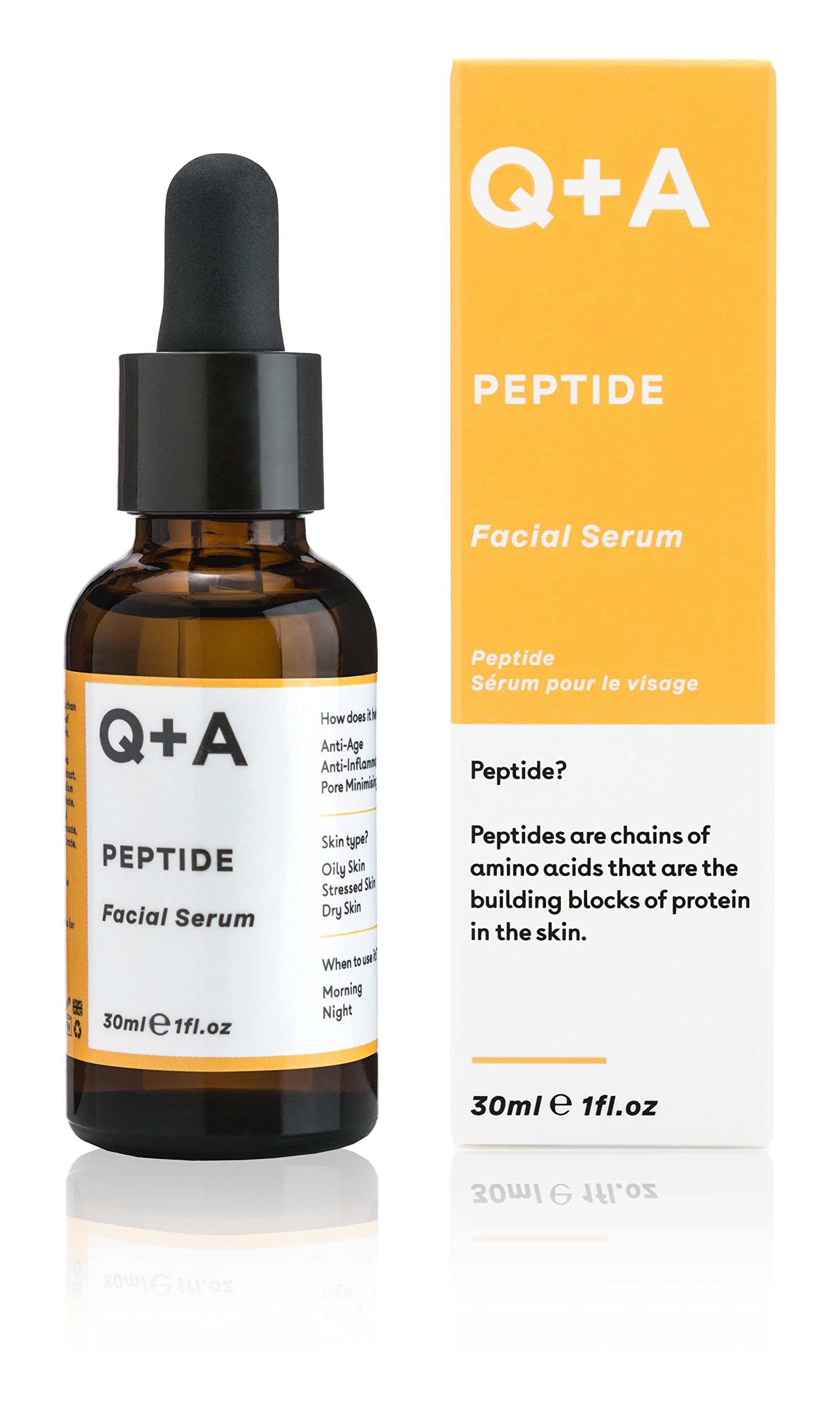 Q+A Peptide Facial Serum - Anti-Ageing Peptide Face Serum for Revitalised, Youthful Skin, Water-Based Fast Absorption – Contains Pure Peptide, Magnesium PCA, and Hyaluronic Acid for Hydration, 30ml
