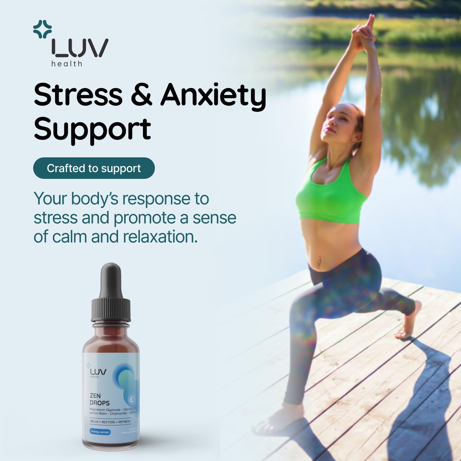 LUV Zen Drops: Anxiety and Stress Support Drops with Magnesium Glycinate, Vitamin D3, Lemon Balm, Chamomile, Saffron, L-Theanine. Keto, Vegan, USA Made, Non-GMO, 30 Servings (1)
