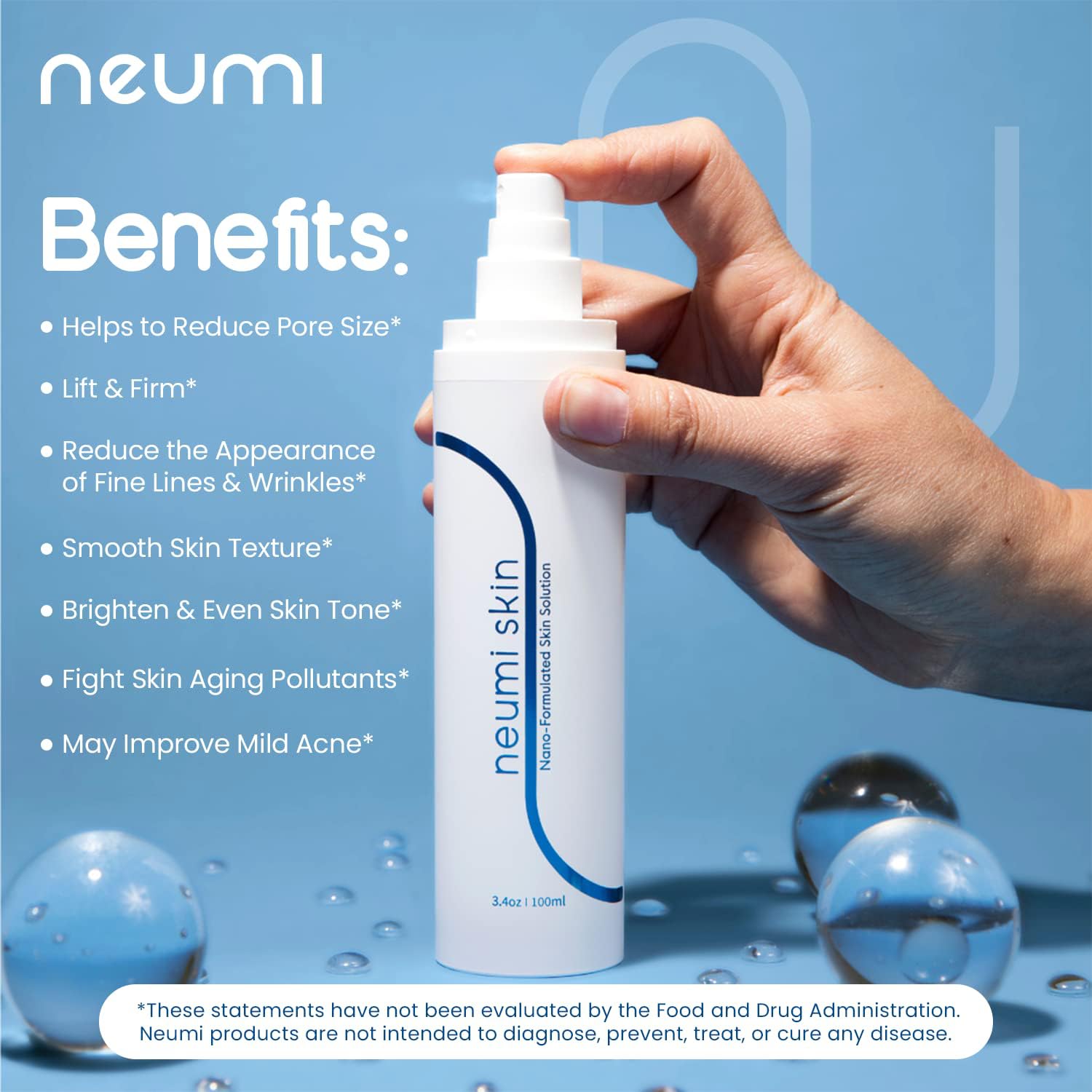 Neumi Skin 3.4 FL OZ Facial Spray (Nano-Formulated) with Glutathione, Collagen, and Hyaluronic Acid, Face Care & Firm, Pore Minimizer Face Spray, Reduce Fine Lines and Wrinkles, (1 Pack)