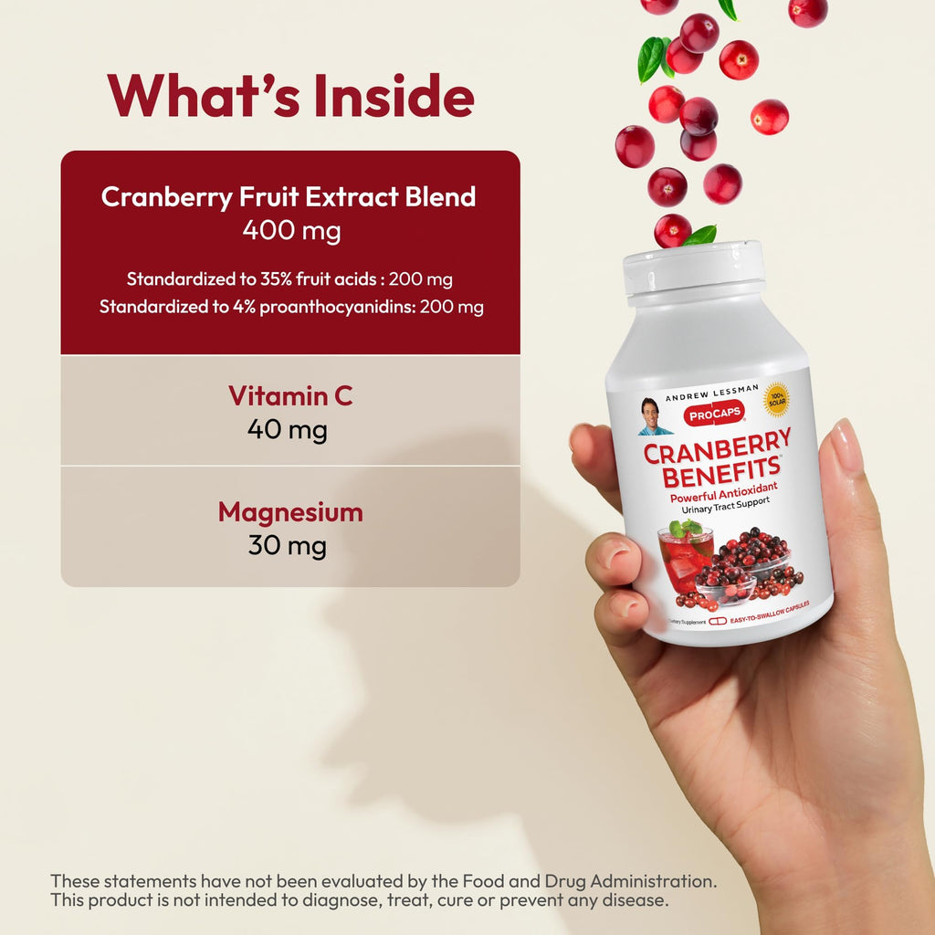 ANDREW LESSMAN Cranberry Benefits - 180 Capsules - Supports Bladder, Kidney and Urinary Tract Health. High Potency Standardized Extracts of Cranberry Fruit, Small Easy to Swallow Capsules