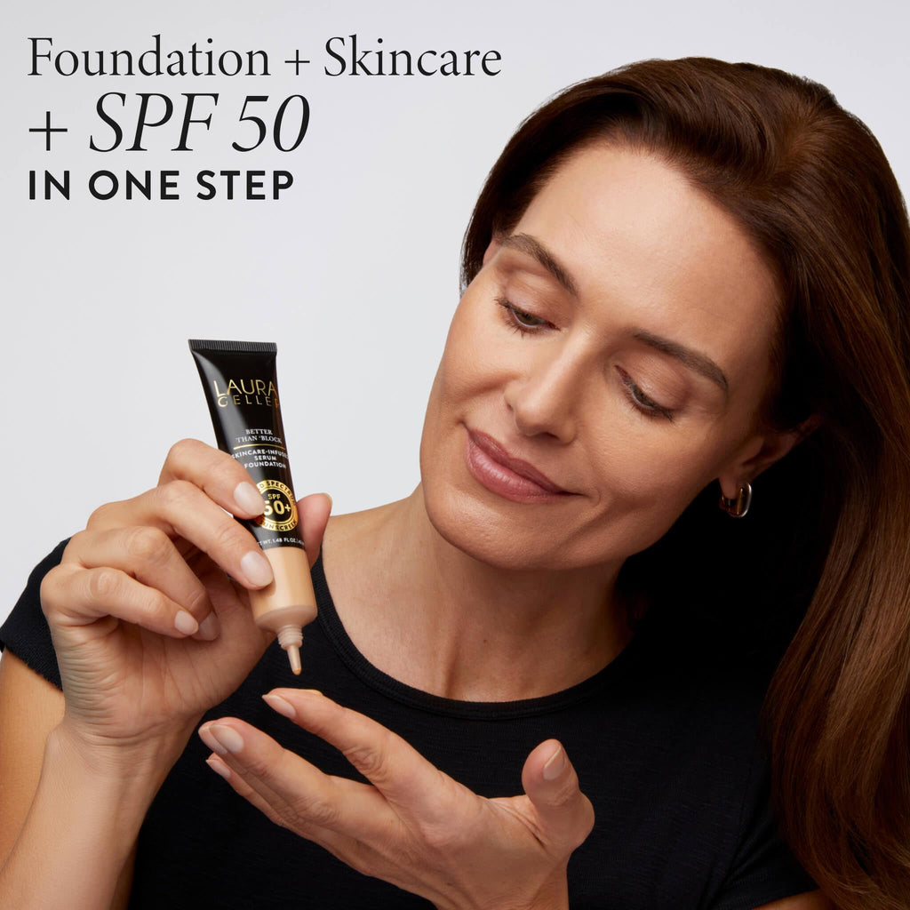 LAURA GELLER NEW YORK Better Than 'Block Skincare-Infused Serum Foundation SPF 50+ for Mature Women –03 Medium, Buildable Coverage – Niacinamide, Vitamins B5 & E – Lightweight, Radiant Finish