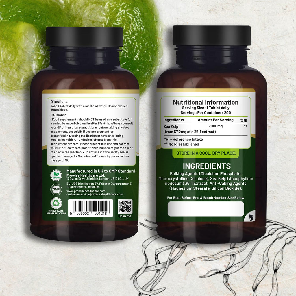 Sea Kelp 2000mg 200 Vegan Tablets | Natural Source of Iodine | Premium Ingredients | Proudly Made in the UK by Prowise
