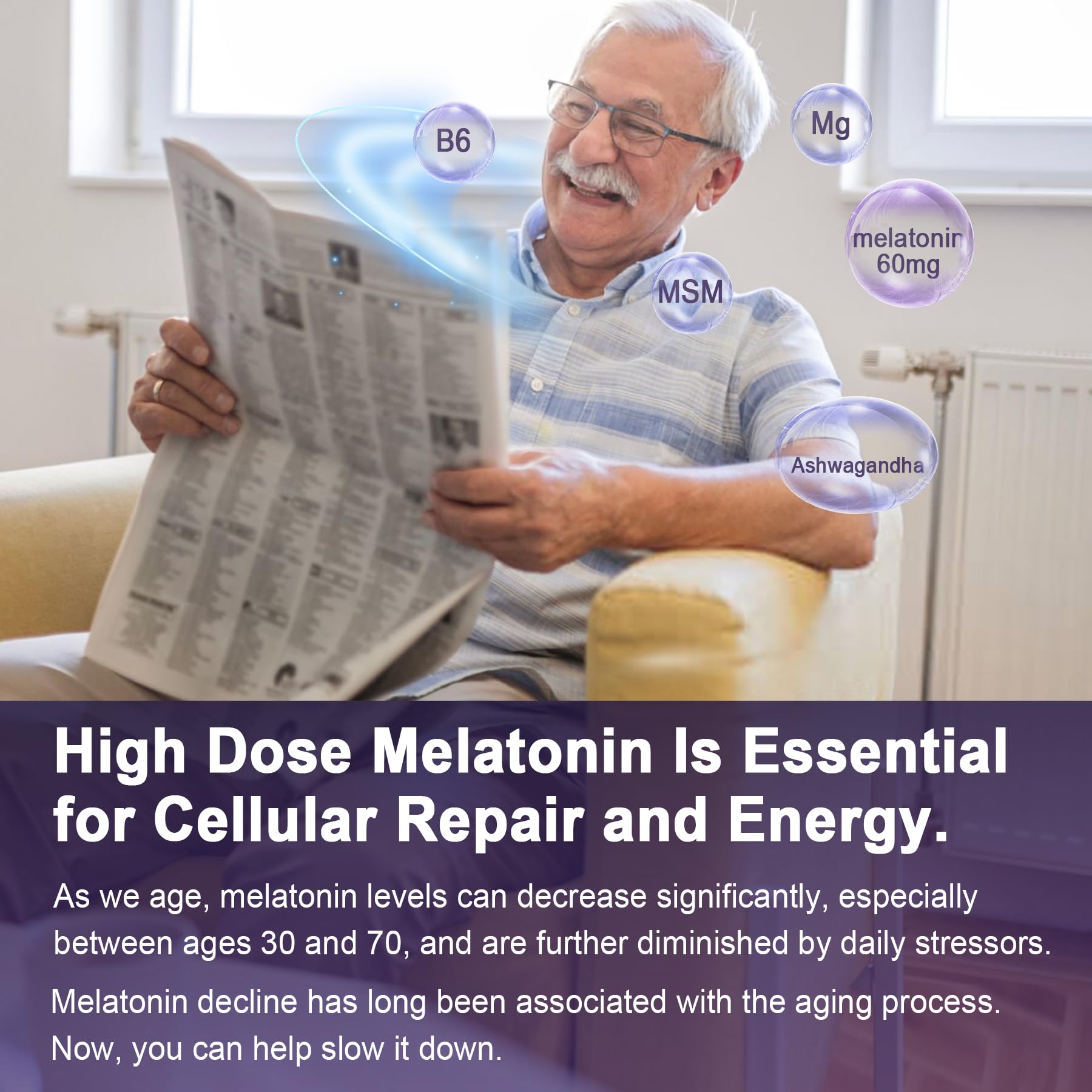 Antioxidant & Brain Support Melatonin 60mg 30mg for 50+ Adults | High Dose Melatonin for Anti-Aging & Immune | Extra Strength Melatonin Gummies with B6, Ashwagandha, Magnesium, MSM - 60 Gummies