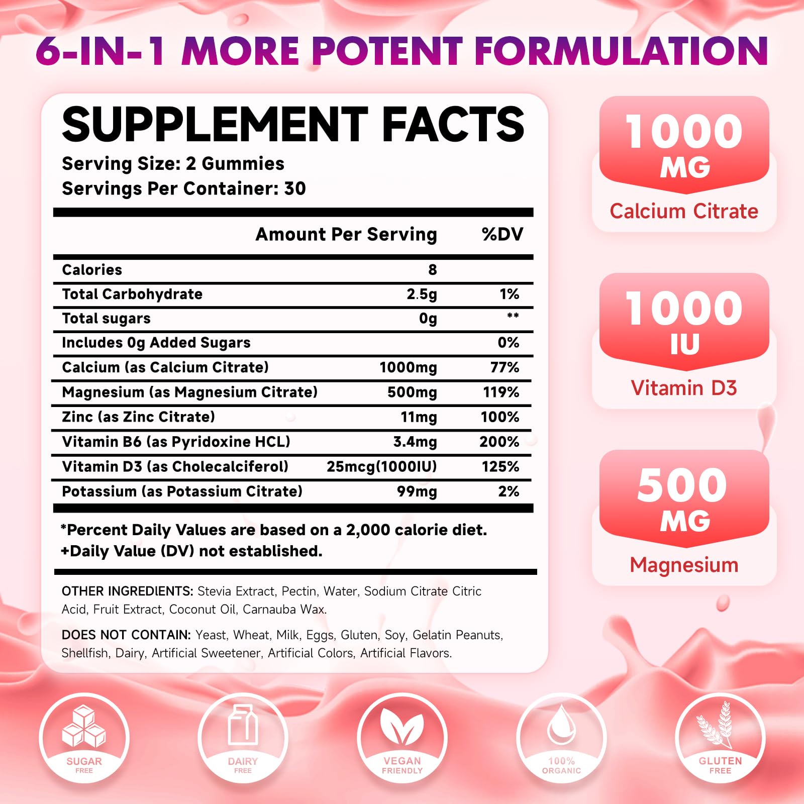 2 Pack Calcium Citrate Gummies 1000mg w/Vitamin D3, High Absorption Calcium Gummies for Women & Men, Plus Magnesium, Potassium, Zinc for Muscle & Immune Support, Raspberry Flavor, 120 Count