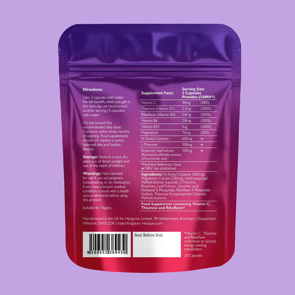 Hanqure Rebound, Includes Vitamin B1, B6, B12, & C, Magnesium + Rosemary Leaf Extract | Food Supplement, 20 Vegan Capsules, Made in The UK