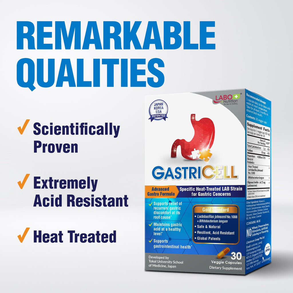 LABO Nutrition GASTRICELL Postbiotic Formula with Patented Lactobacillus johnsonii No. 1088 & Bifidobacterium longum for Digestive Health and Gut Microbiome Support – 30 Capsules