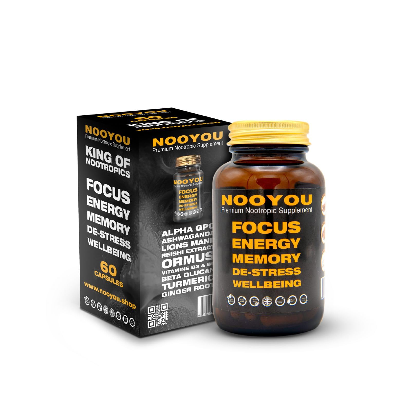 Lions Mane, Ashwagandha, Alpha GPC, Reishi, Ginger Root, 9 in 1, 1500mg Nootropic Brain Supplement Mushroom Complex Increase Energy, Focus, Memory & Wellbeing Formula, 60 Capsules 1500mg by NOOYOU