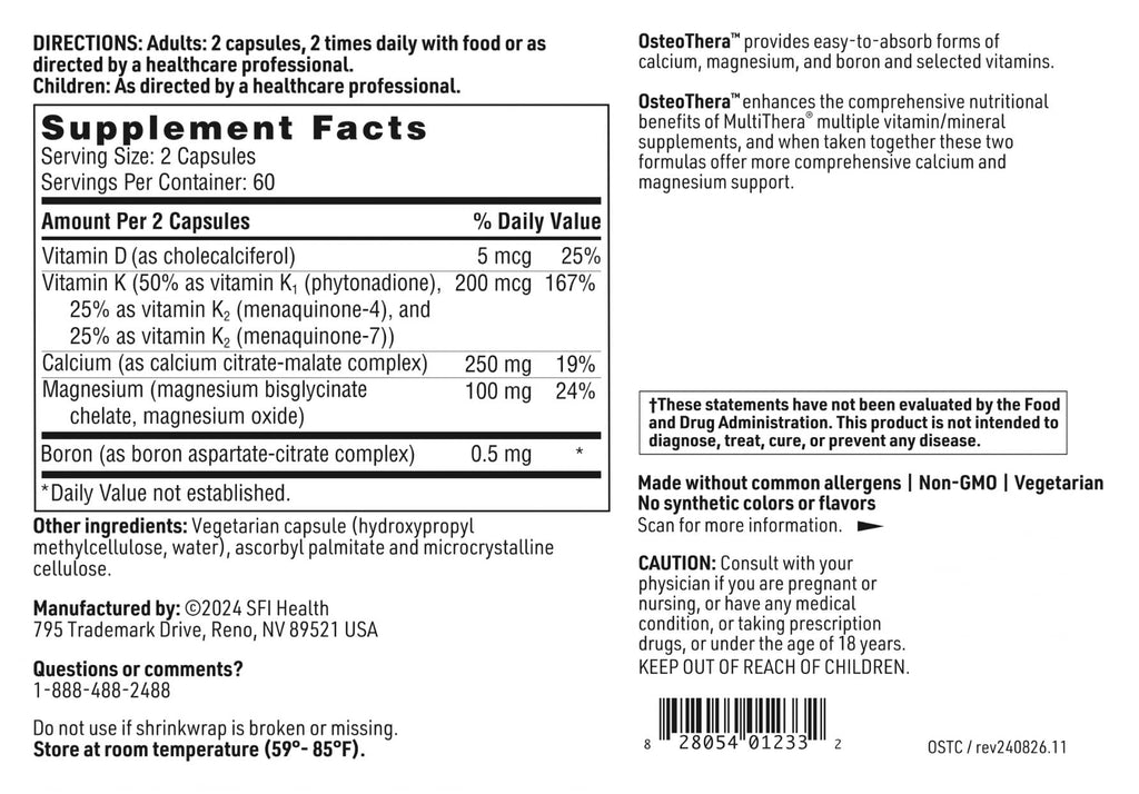 Klaire Labs SFI Health Osteothera Capsules - Hypoallergenic & Multifactorial Bone Support Formula with Calcium, Vitamin K, D3, Magnesium & Boron (120 Capsules)