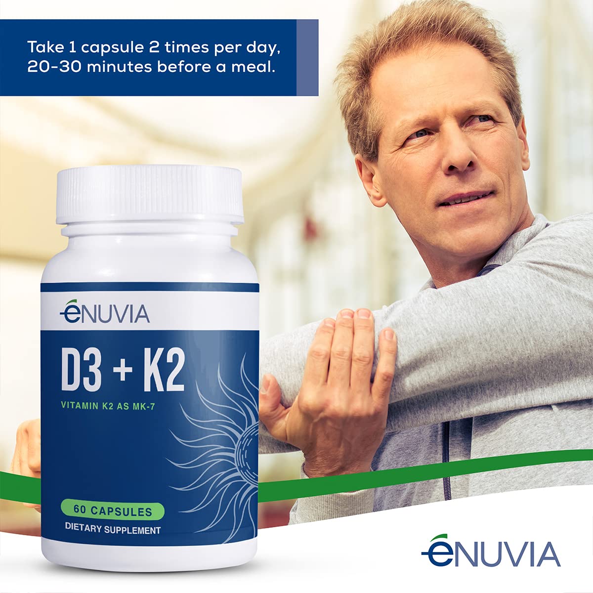Enuvia D3+K2 - Vitamin D3 K2 Supplement for Women and Men - 60 Veggie Capsules - with Bioperine Black Pepper Extract - Supports Maximum Calcium Absorption and Heart and Bone Health - Made in The USA