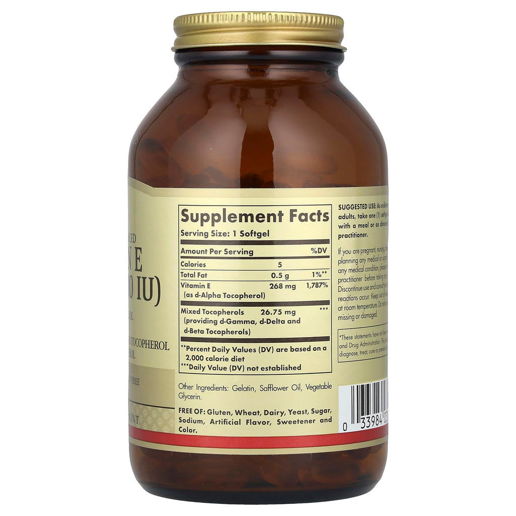 Solgar Vitamin E, d-Alpha Tocopherol Plus d-Gamma Tocopherol, d-Delta Tocopherol and d-Beta Tocopherol, 268 mg (400 IU), 250 Softgels