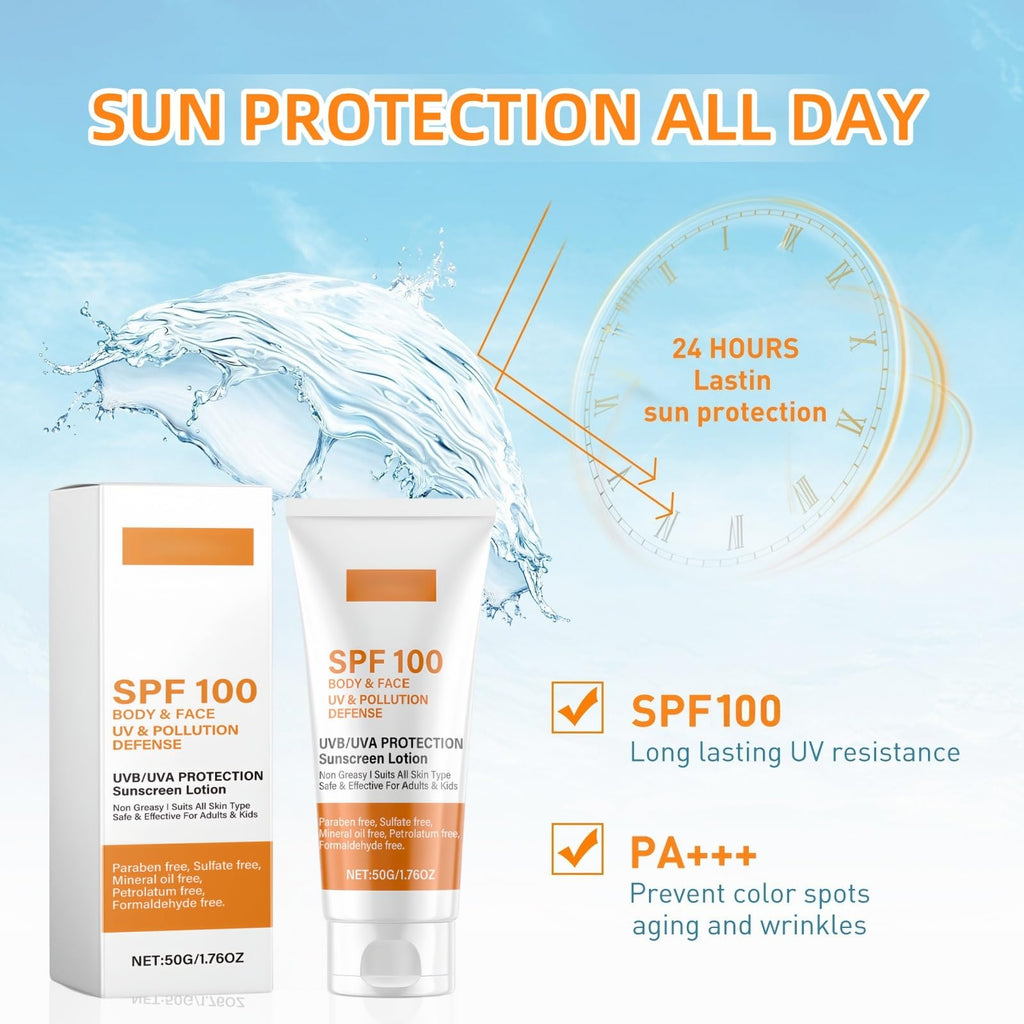 Sunscreen SPF 100, Waterproof Moisturiser with SPF 100,UVB/UVA Protection Sun Cream,Waterproof Sunscreen,Sun Cream for Face Women,Non-Greasy SPF100 Sun/screen Lotion for Daily Use,Hydrating Sun/screen