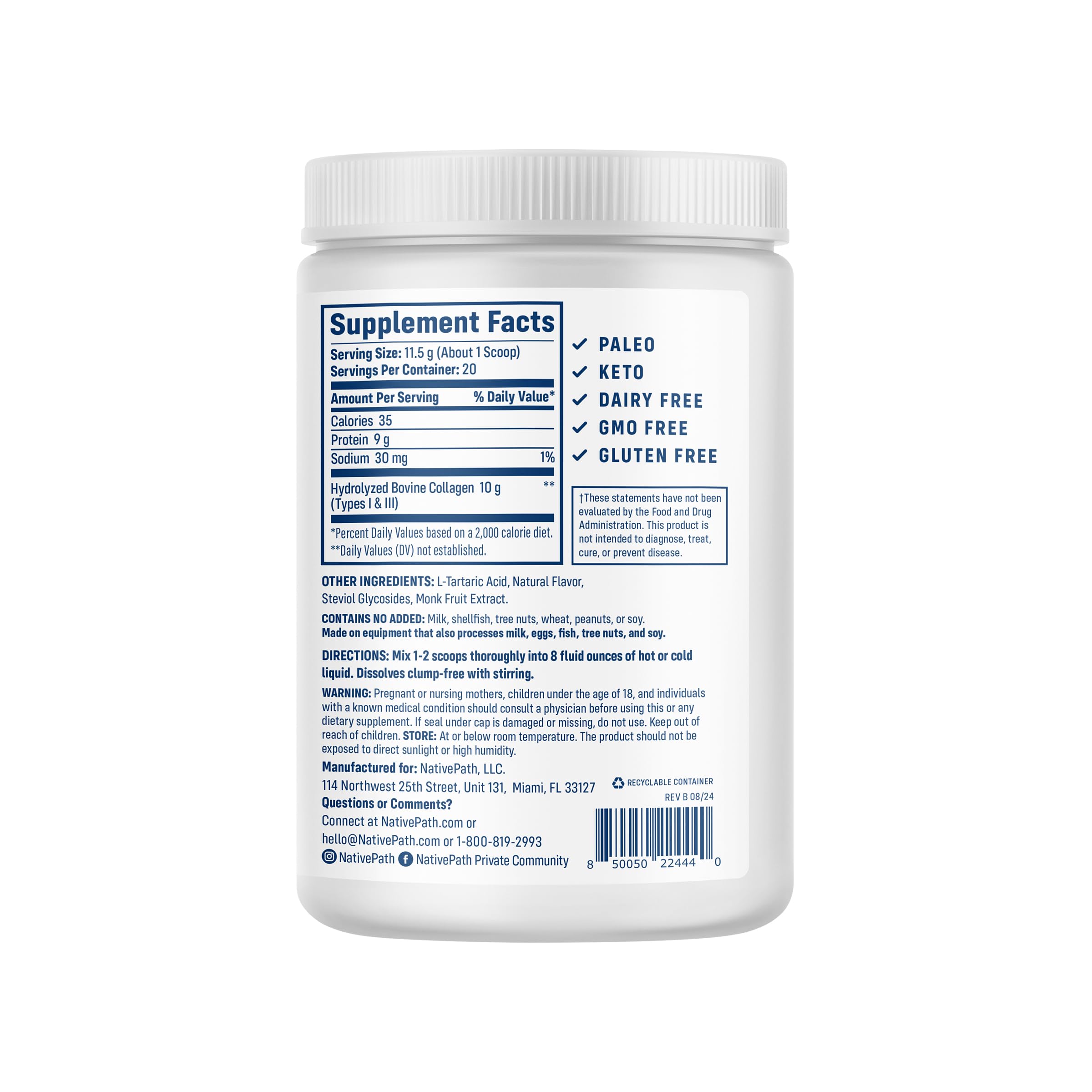 NativePath Collagen Peptides, Wild Berry, Grass-Fed, 20 Servings