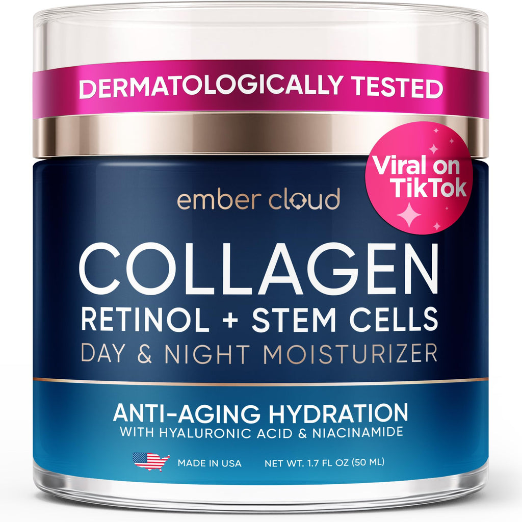 Moisturizer Collagen Anti-Aging Face Cream with Stem Cells, Retinol, Hyaluronic Acid & Niacinamide - Hydrating Day & Night Wrinkle Cream for All Skin Types - Airless Pump - Made in USA - 1.7Oz